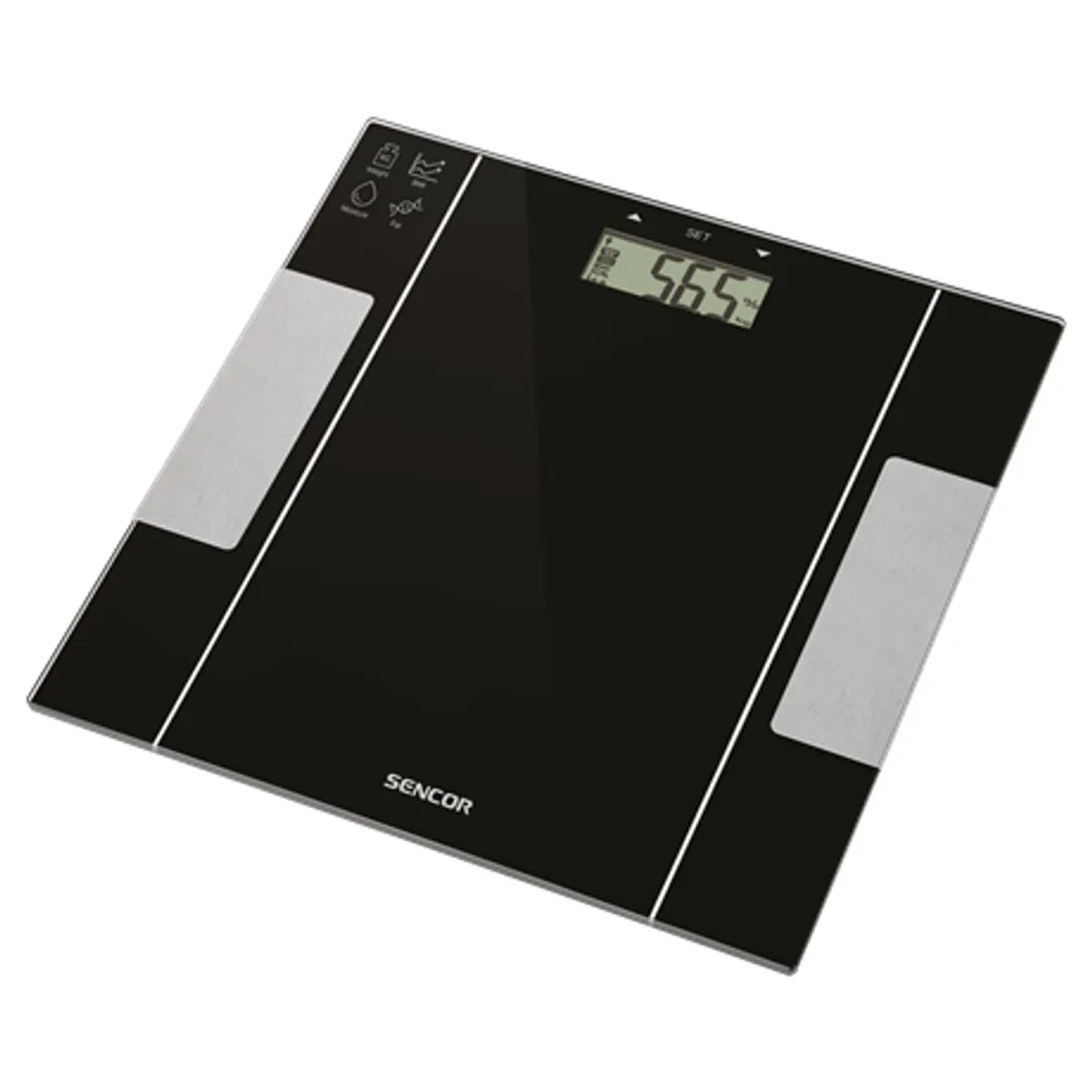 Sencor SBS5050BK digitális személymérleg 150 kg 100 g BMI, BMR, BIA zsírtartalom és víztartalom, memória 12 személy, auto-On, nagy LCD kijelző #1