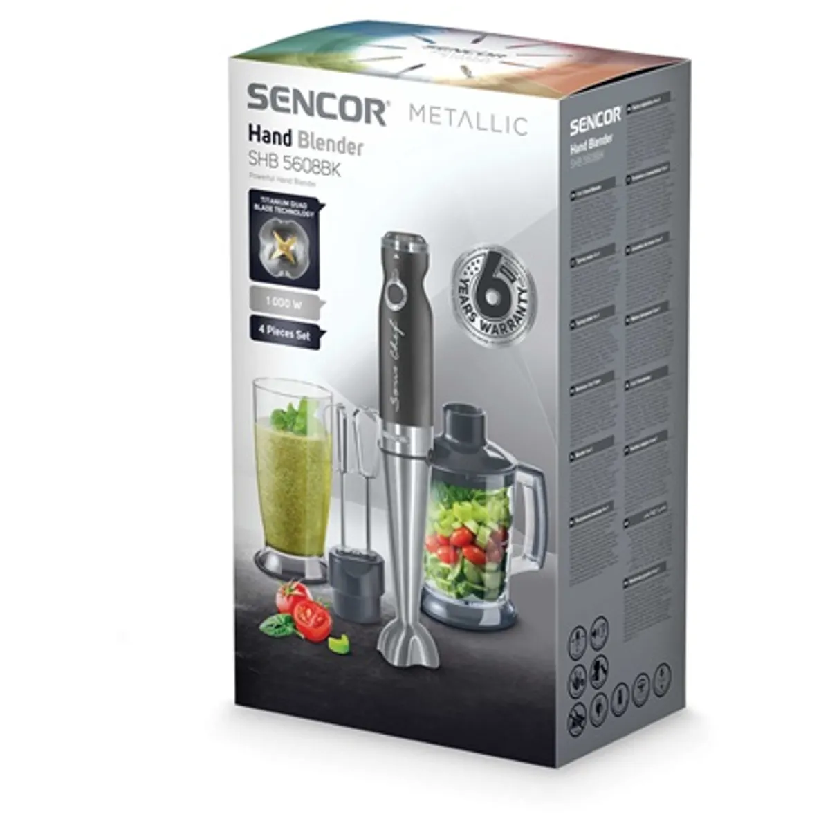 Sencor SHB5608BK-EUE3 botmixer készlet 1000 W 20 fokozat Titánium QuadBlade rozsdamentes acélkés 800 ml mixelő edény 1250 ml aprító edény #4