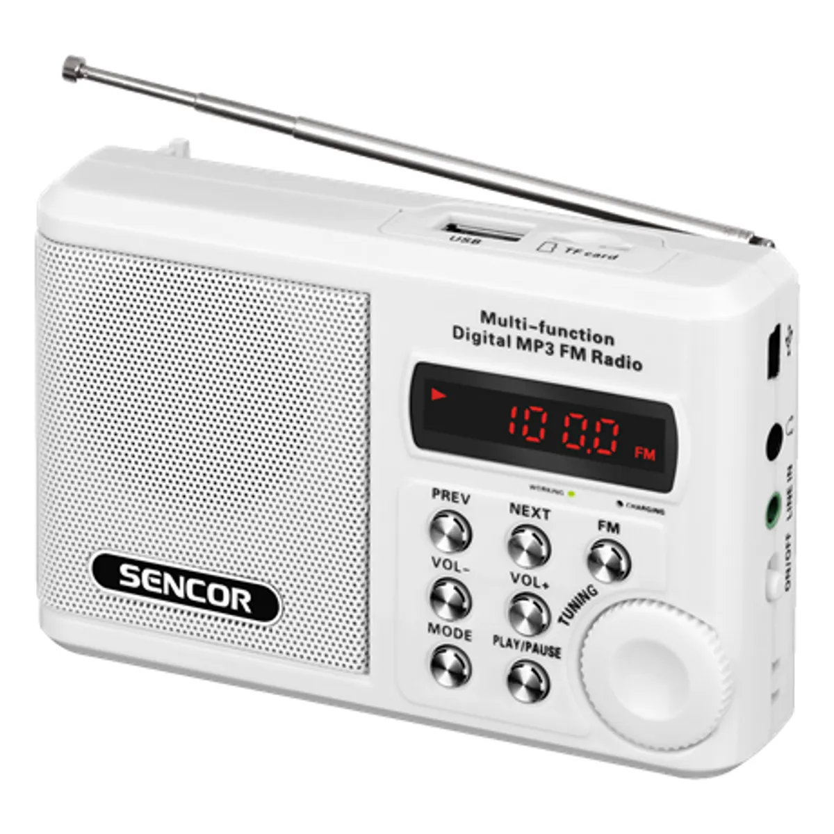 Sencor SRD 215 W zsebrádió 88-108 MHz LED USB microSDHC 8GB MP3 lejátszás fülhallgató vonalbemenet mini USB töltés 2W RMS 10 óra fehér #1