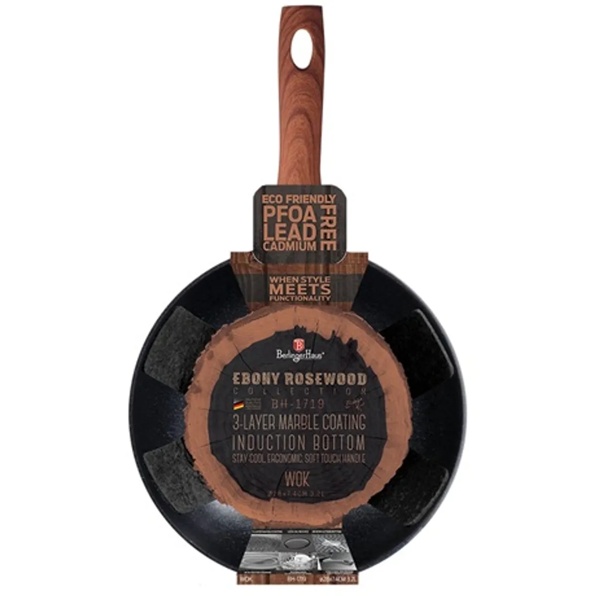 Berlinger Haus BH/1719 Ebony Rosewood Collection 28 cm wok kovácsolt alumínium 3 rétegű márvány bevonat 3.2 L turbó indukciós talp rózsafa nyél #2