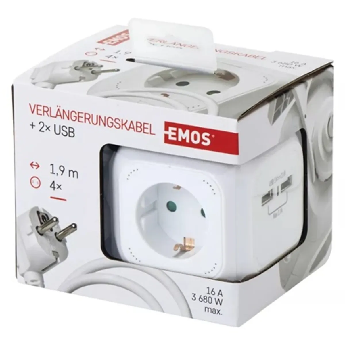 Emos P04219GU kocka hosszabbító 4 aljzat USB 2x 1,9 m fehér #3