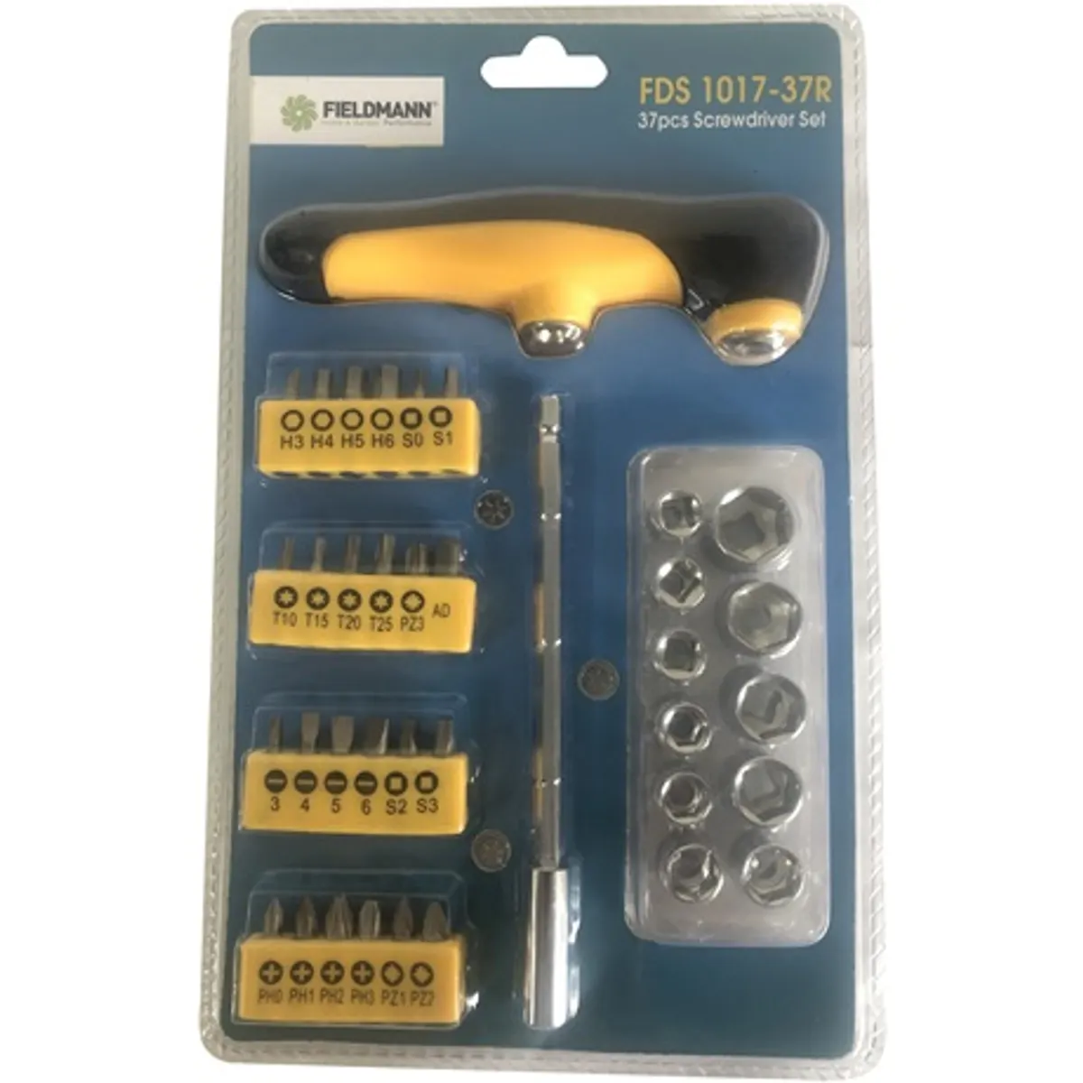 FIELDMANN FDS 1017-37R csavarhúzó bitkészlet, 37 részes, 6 mm, H3-6, T10-25, PH0-3, PZ1-3, adapter, mágneses T-nyelű #2