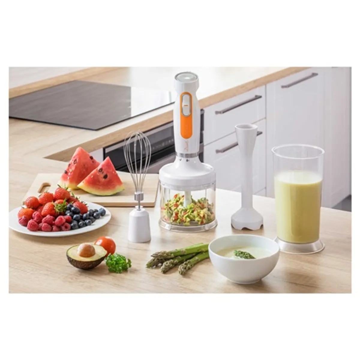 Sencor SHB4260WH-EUE3 botmixer szett 600 W 2 fordulatszám rozsdamentes pengék habverőfej 700 ml keverőedény 500 ml aprítóedény #9
