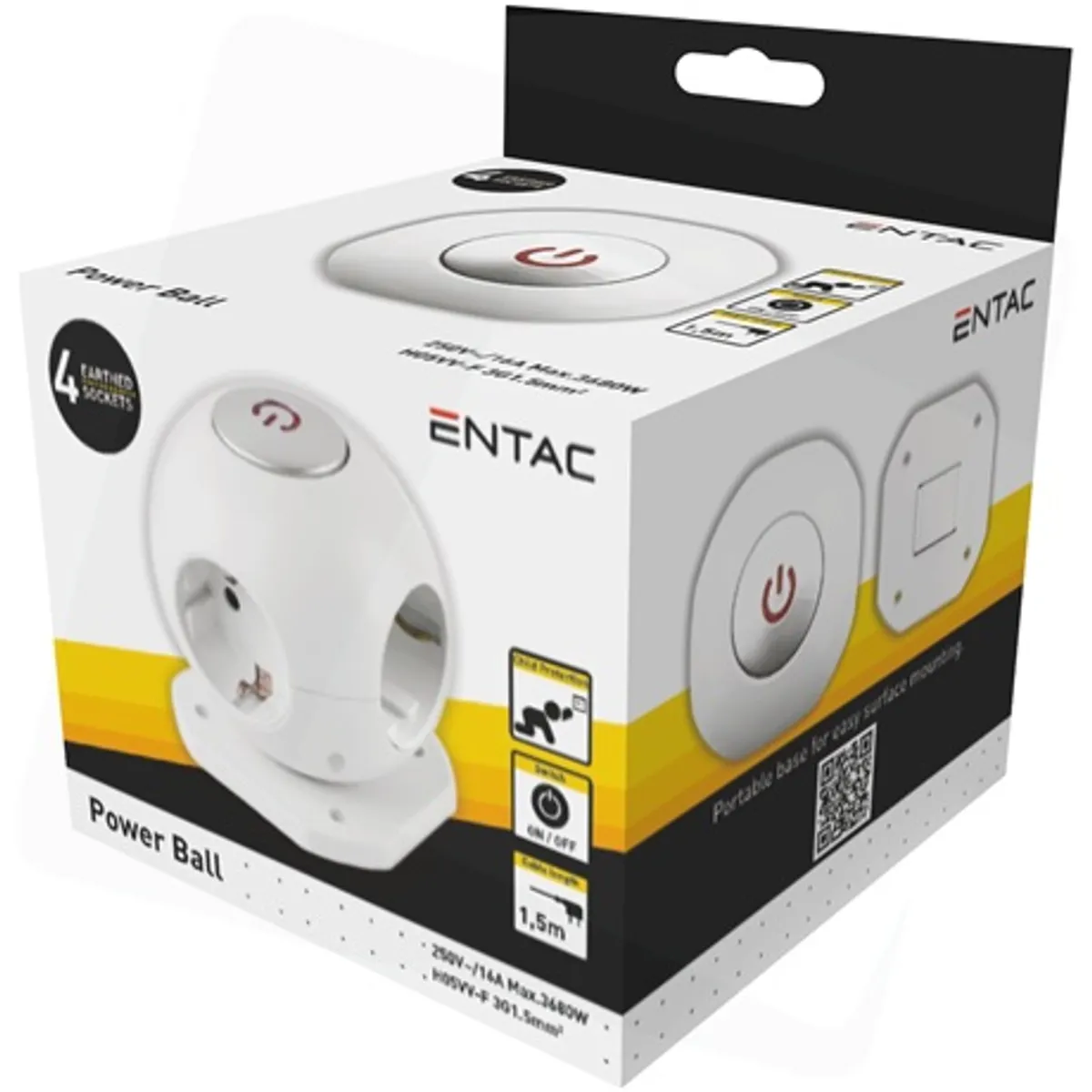 Entac ESC1.5G3-GLOBE gömb elosztó 4 foglalat, kapcsolóval, 1,5 m, type F, IP20 #2