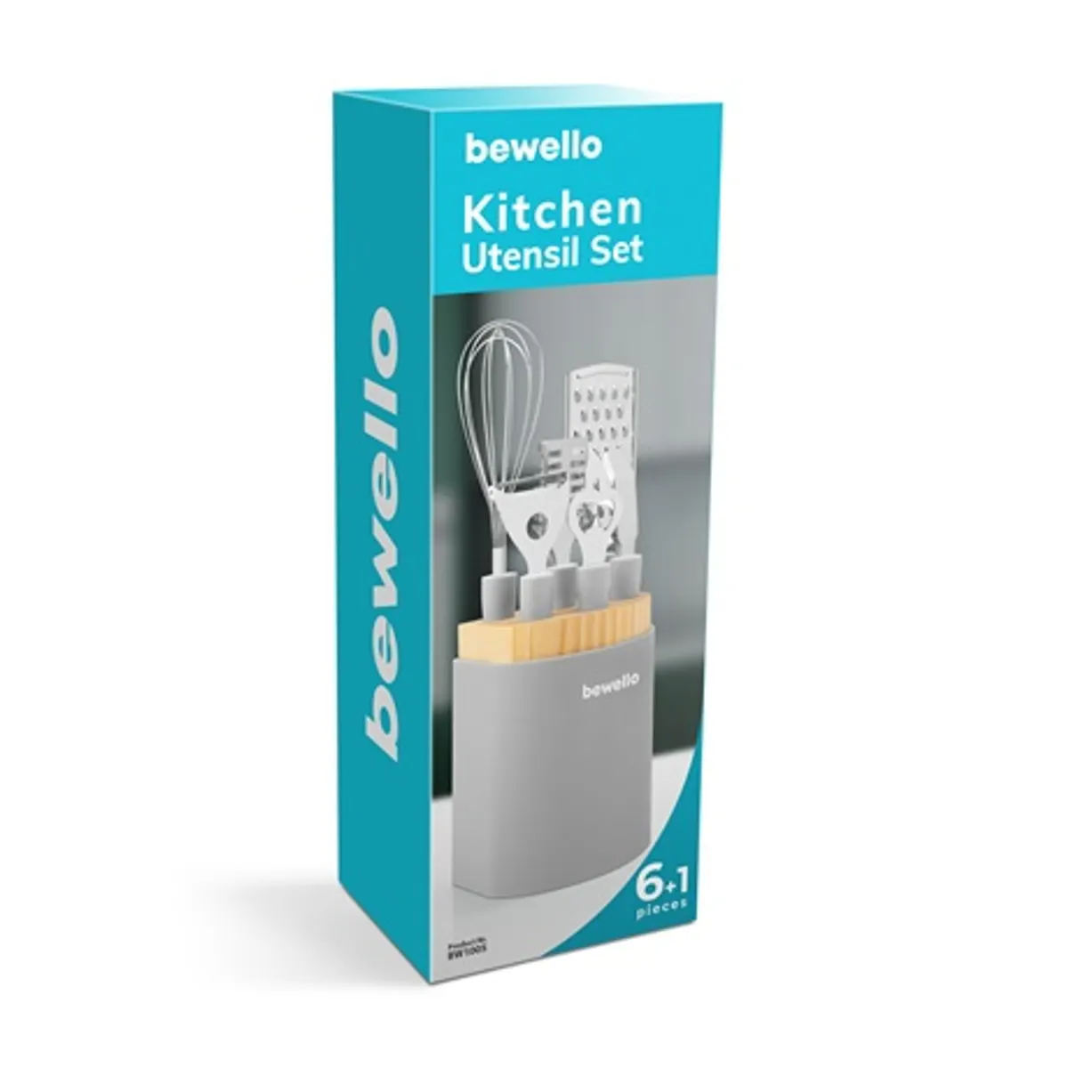 Bewello BW1005 konyhai eszköz szett 6 eszköz és tartó, rozsdamentes acél nyél, akasztólyuk, fa tároló #4