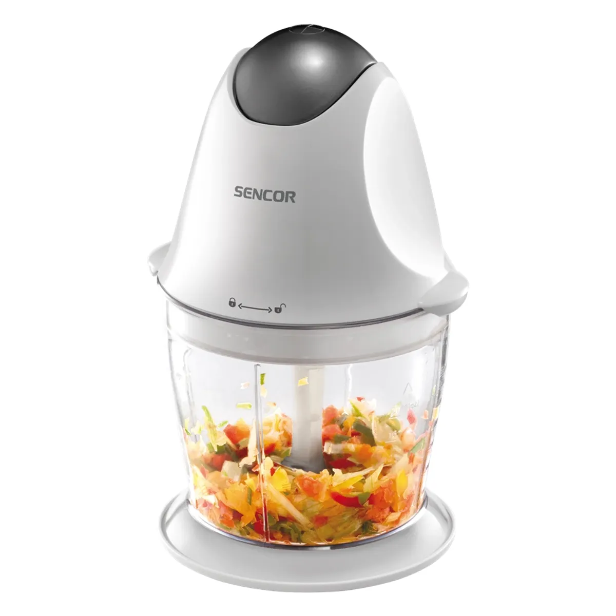 Sencor SHB4310 aprító 300 W gyümölcs zöldség hús aprítás jégzúrással nemesacél kések 650 ml műanyag tál csúszásgátló alátét biztonsági kapcsoló #1