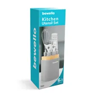 Bewello BW1005 konyhai eszköz szett 6 eszköz és tartó, rozsdamentes acél nyél, akasztólyuk, fa tároló #4