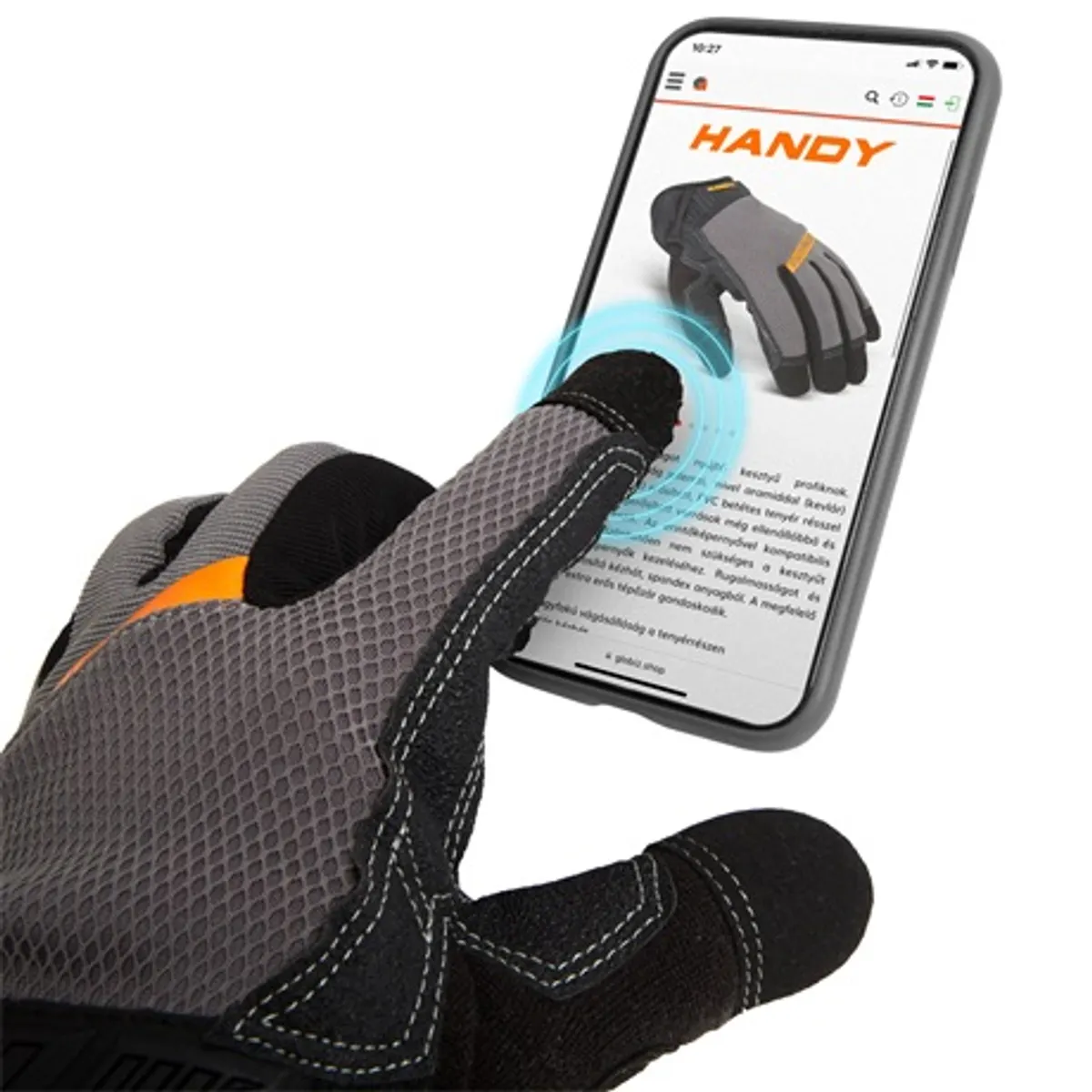 Handy 11141XL vágásálló kesztyű érintőképernyős ujjbeggyel, aramid/HPPE, PVC betétes tenyér, megerősített varrások #4