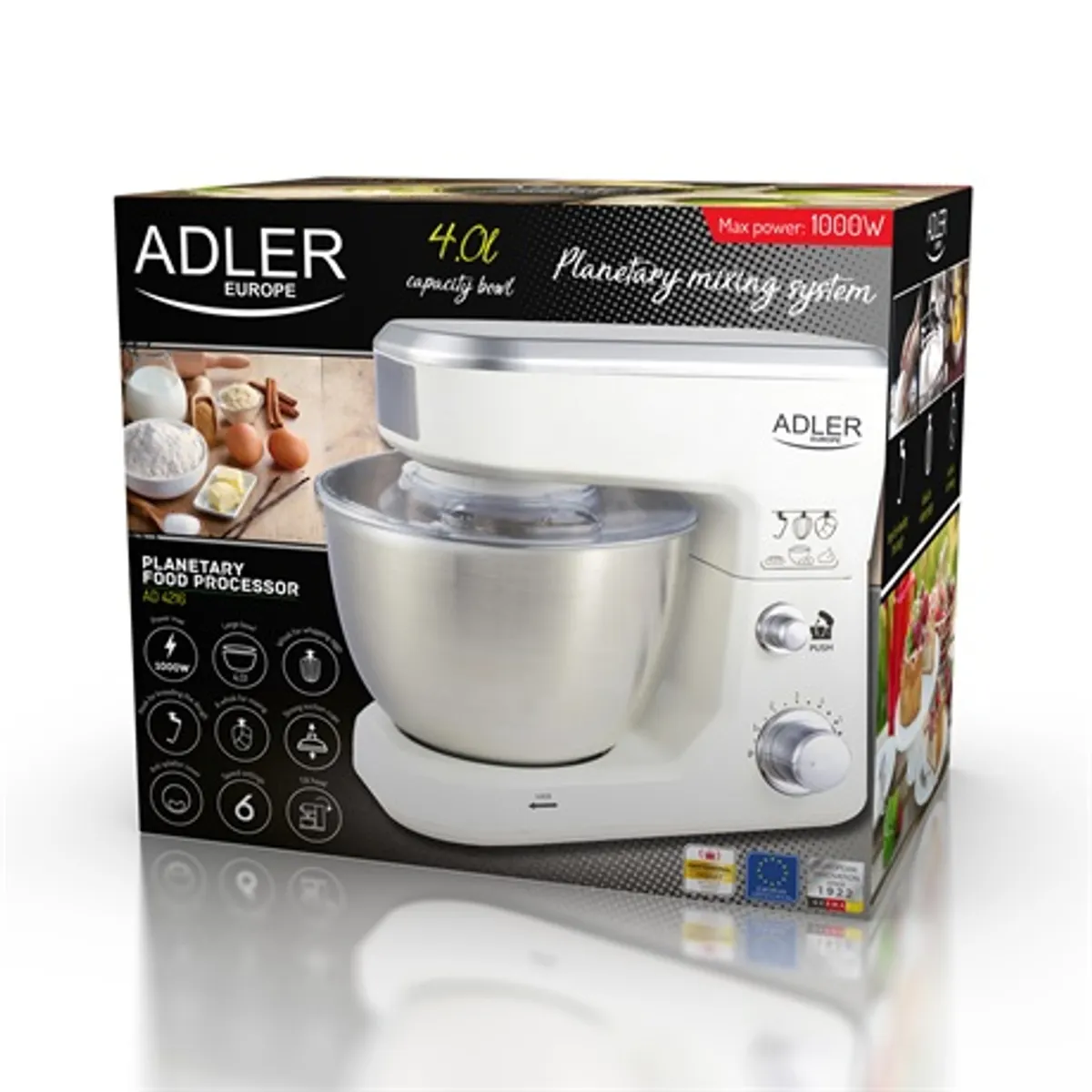 Adler AD4216 konyhai robotgép 6 sebesség 4 literes edény fröccsenésgátló 3 tartozék: sima habverő, tojásfelverő, tésztagyúró 220-240V #6