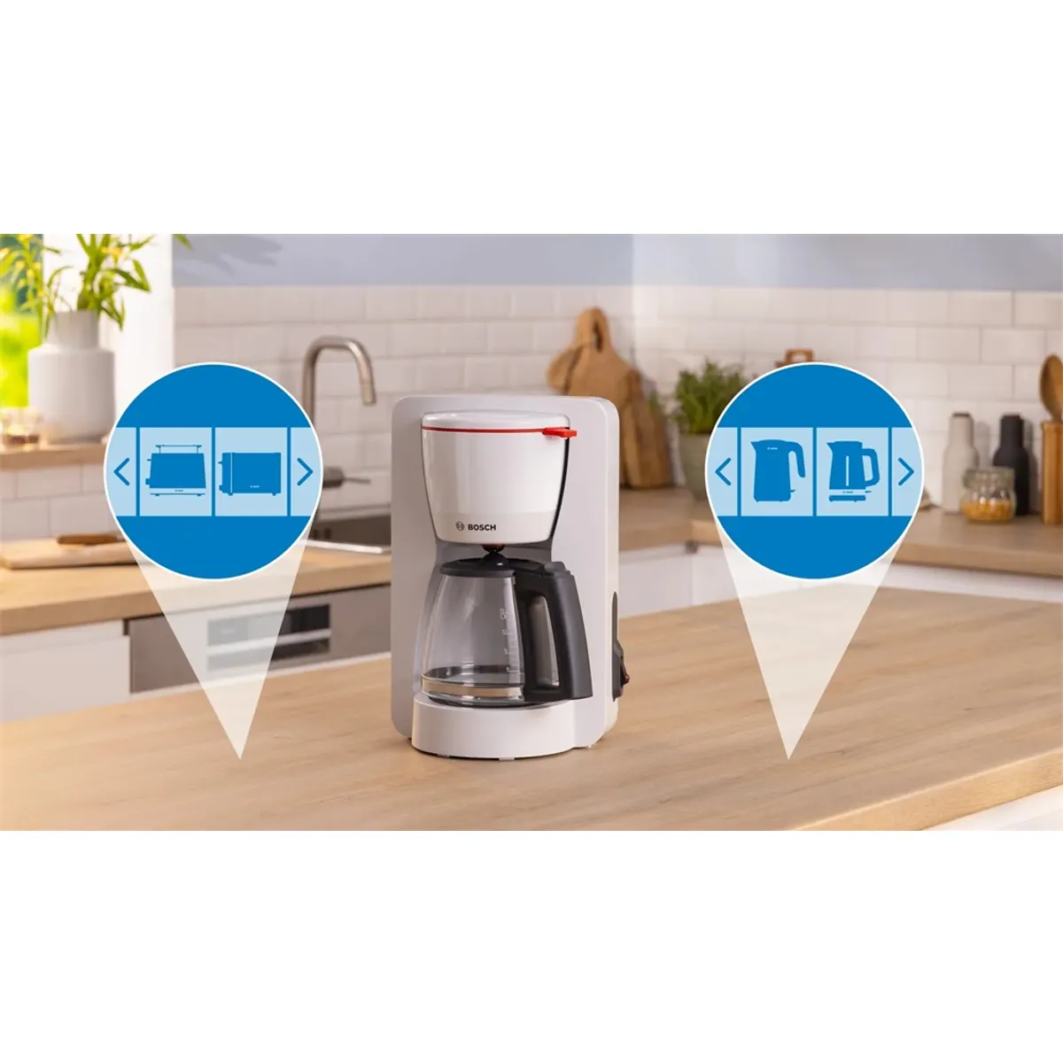 Bosch TKA2M111 filteres kávéfőző fehér 1,4 l 1200 W dripStop automatikus kikapcsolás 40 perc kihajtható szűrőtartó aromavédő üvegkanna #2