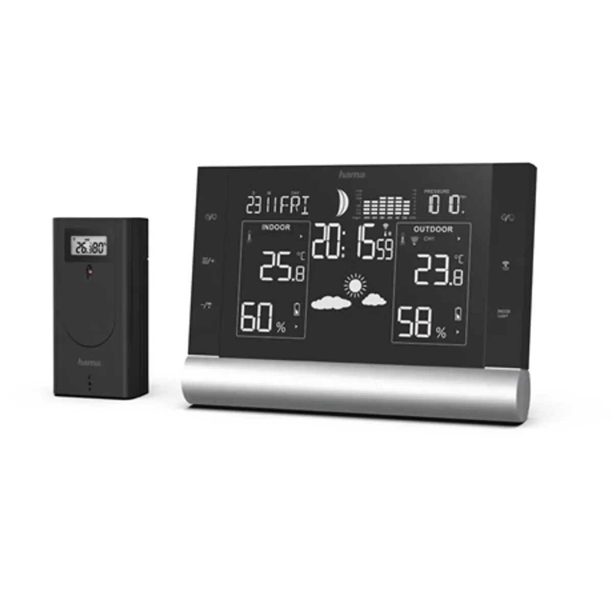 Hama 00186418 Black Line Plus időjárás állomás érintőszenzoros háttérvilágításos, kültéri szenzorral, DCF rádió-óra #1