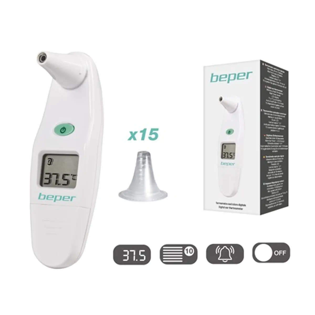 Beper 40.102 fülhőmérő digitális LCD memória 10 adat 32.0–43.0°C tok 15 mérőfej CR2032 #1
