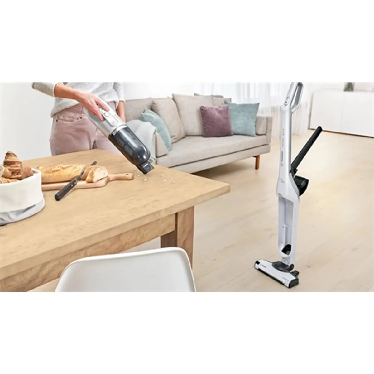 Bosch BBH3ALL28 Flexxo Gen2 2in1 vezeték nélküli porszívó 28Vmax li-ion 55 perc motoros szívófej led-fénnyel beépített tartozéktároló metálfehér #2