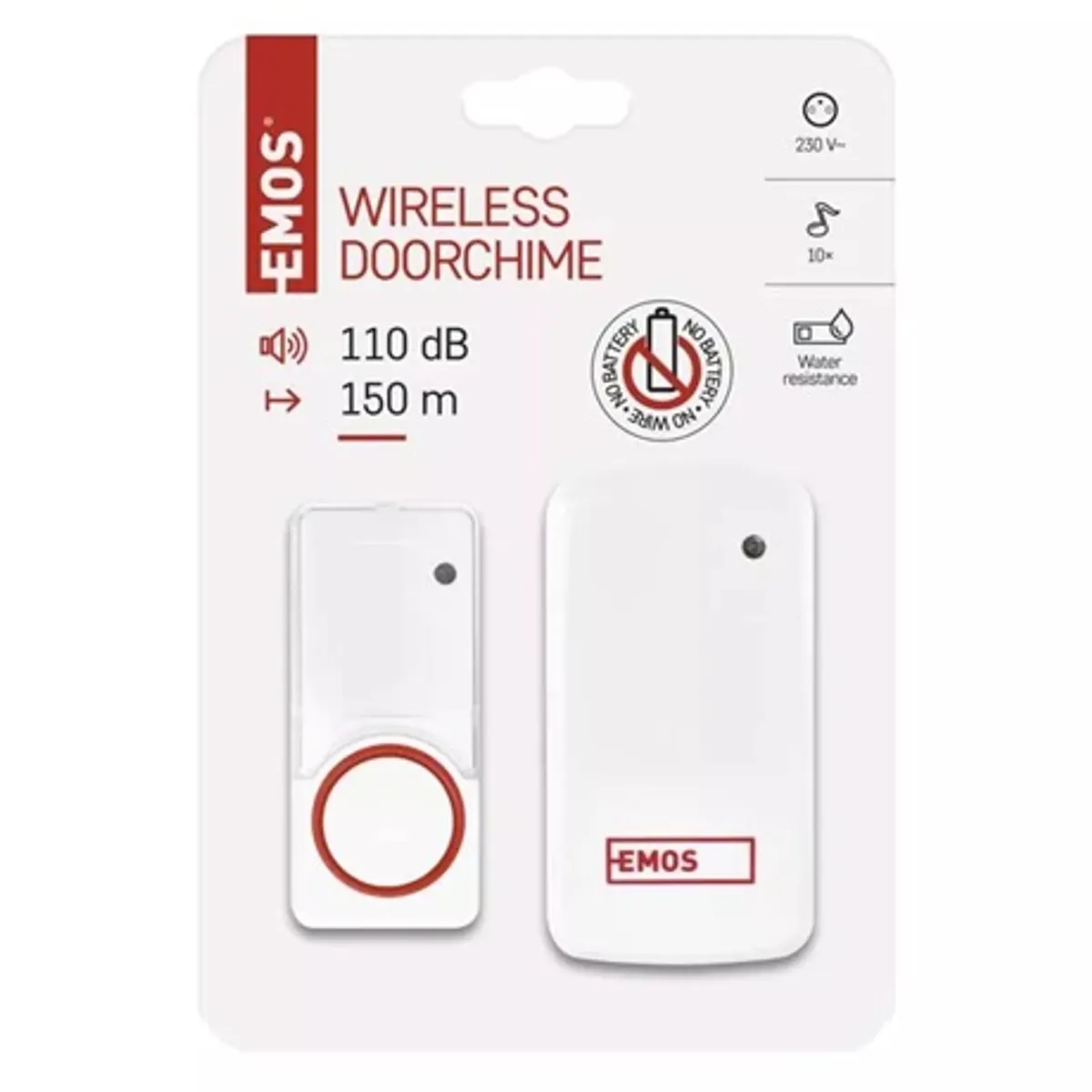 Emos P5750 Vezeték nélküli csengő 230V AC, 433 MHz, 110 dB, 10 dallam, IP44, automatikus párosítás, piros #6