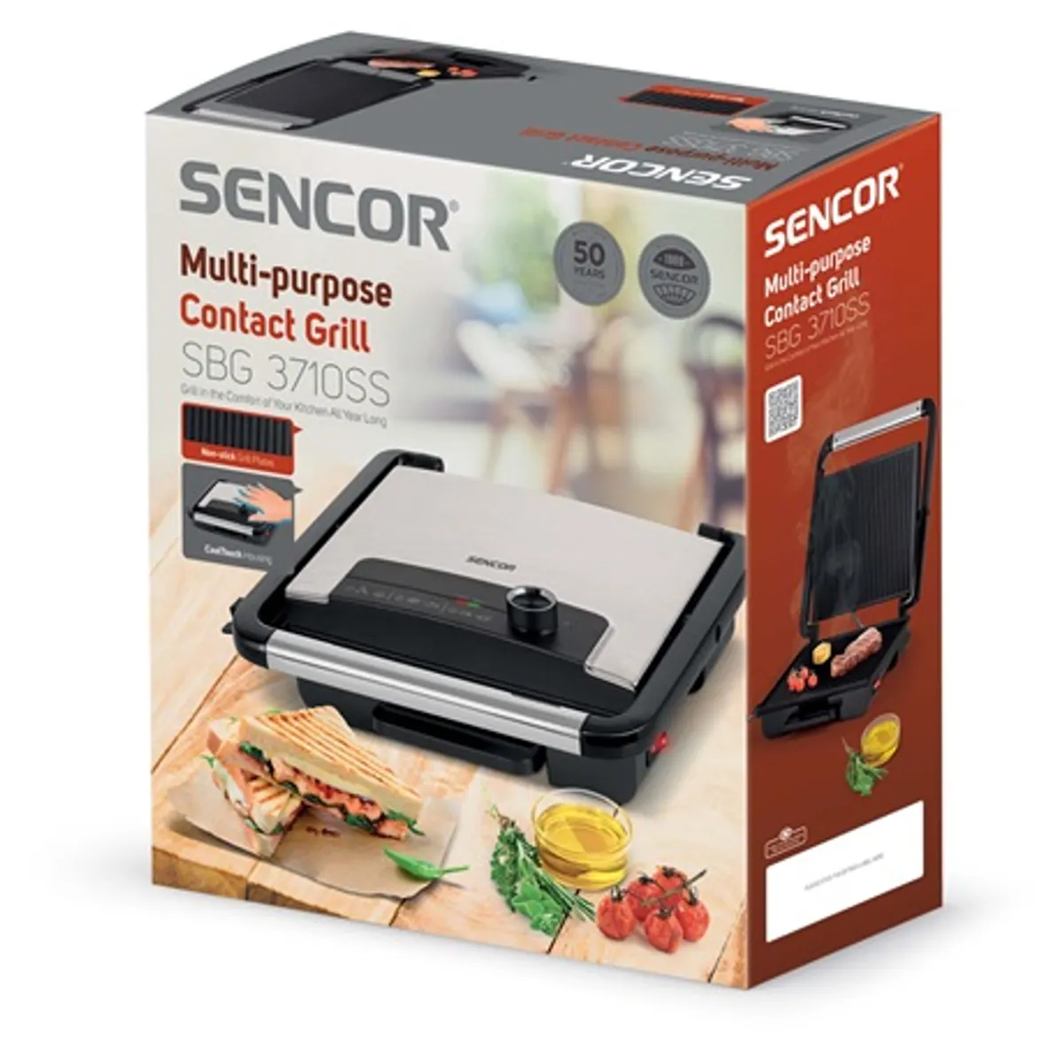 Sencor SBG 3710SS kontakt grillsütő bordázott grillfelület tapadásmentes sütőlap, 2000 W, 90 fokos nyitás, hőszigetelt fogantyú #10