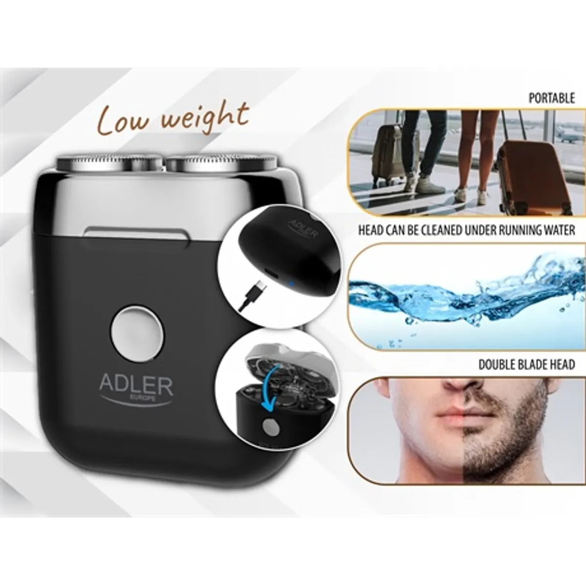 Adler AD2936 úti borotva dupla pengés, vezeték nélküli, usb-c töltés, rozsdamentes pengék, 35+ perc működés, víz alatt tisztítható fej #5