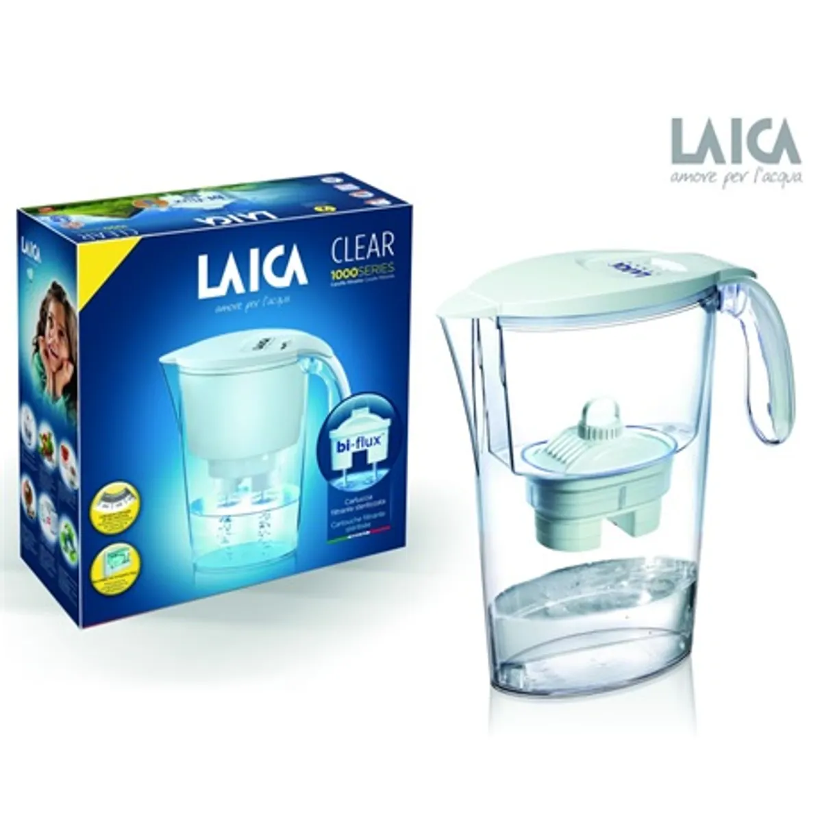 Laica J11AB CLEAR LINE vízszűrő kancsó 2,25L 1,25L szűrt víz, mechanikus szűrőcsere emlékeztető, biztonsági fedél, univerzális bi-flux betét #1