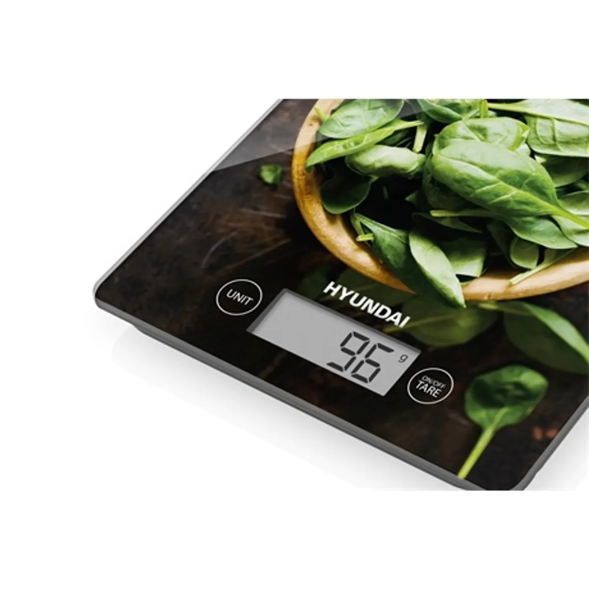Hyundai KVE893C digitális konyhai mérleg max 5 kg 1 g felbontás tare funkció lcd kijelző automatikus kikapcsolás csúszásmentes lábak CR2032 elem #5
