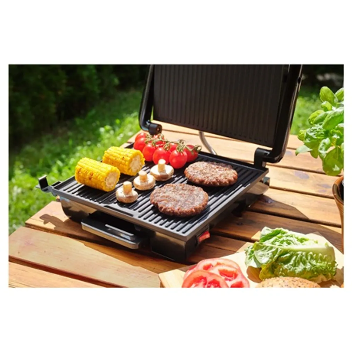 Sencor SBG 3710SS kontakt grillsütő bordázott grillfelület tapadásmentes sütőlap, 2000 W, 90 fokos nyitás, hőszigetelt fogantyú #8