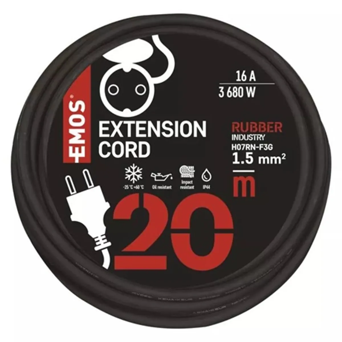 Emos P01820 hosszabbító 20 m 1 aljzat IP44 230V 16A 3x1,5mm2 gumikábellel fekete #3