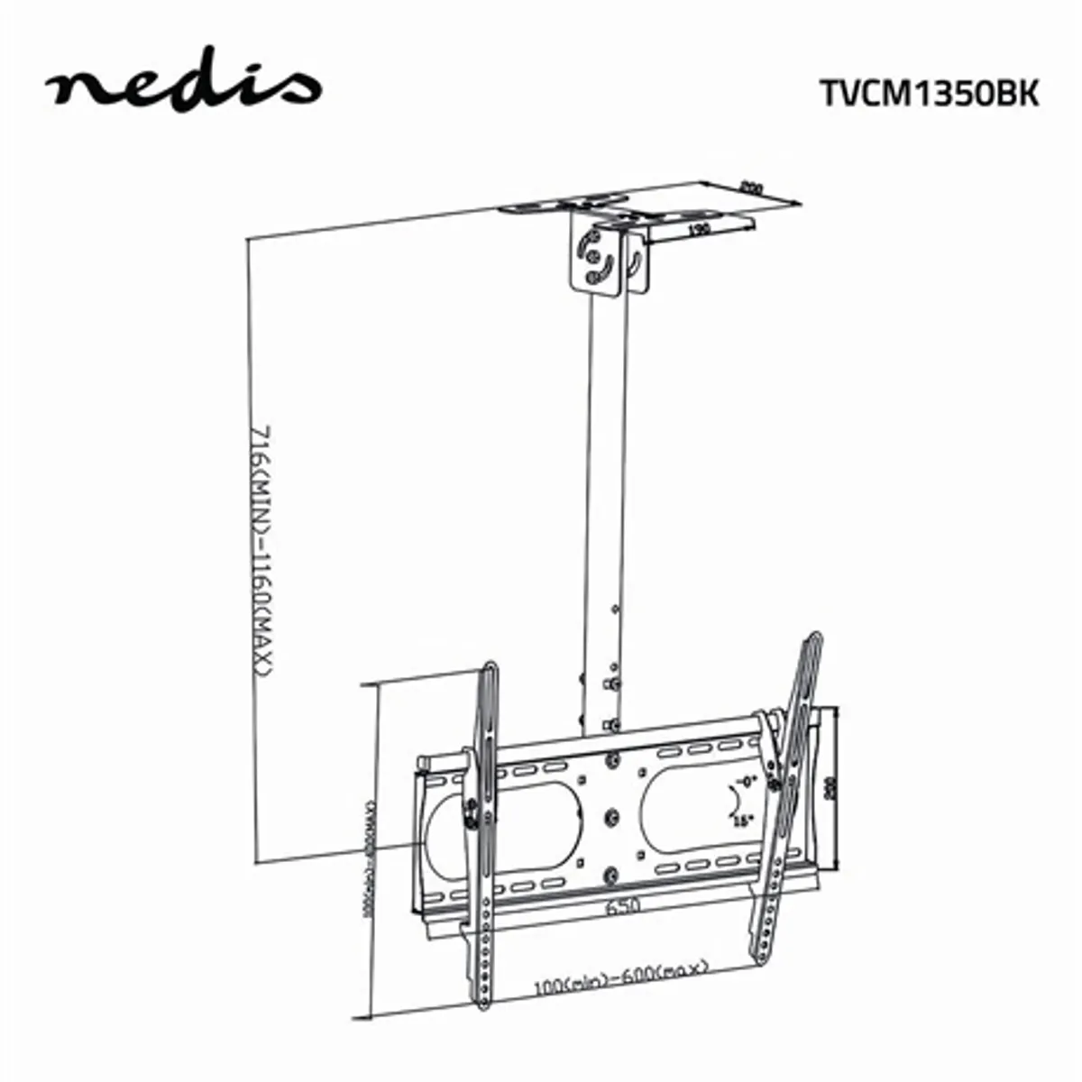 Nedis TVCM1350BK mennyezeti TV-tartókonzol 42-65" 360 fok forgatás 15 fok döntés max 45 kg VESA 100x100-600x400 #3