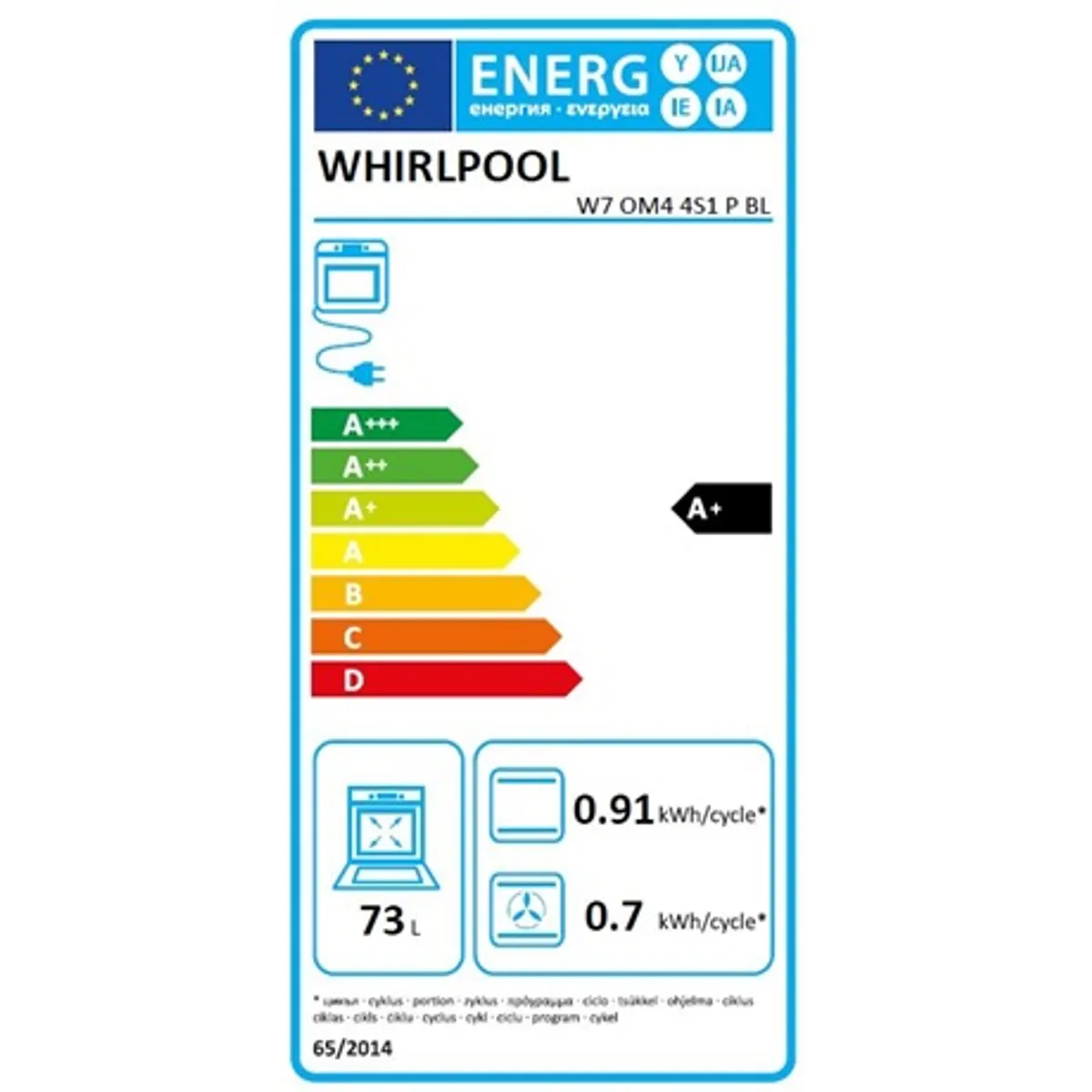 Whirlpool W7 OM4 4S1 P BL Sütő beépíthető elektromos 73L Pirolitikus Digitális kijelző Légkeverés Grill 2450W Energiaosztály A Fekete #2