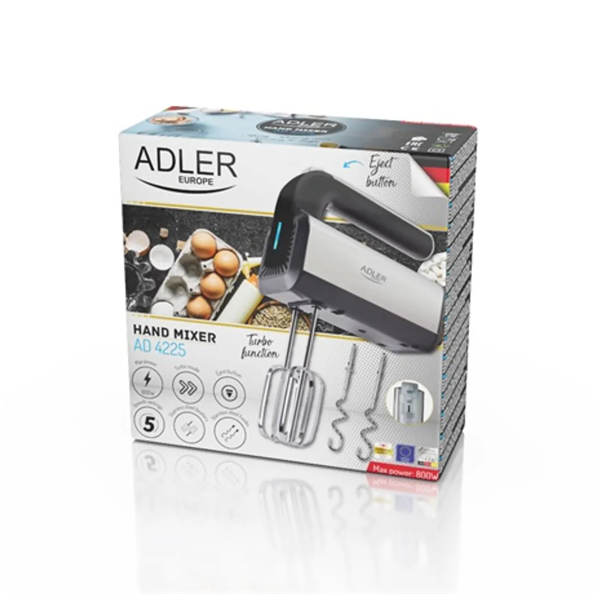 Adler AD4225 kézimixer rozsdamentes acél, 800W, 3 funkció, 5 sebesség, turbo, kivehető rozsdamentes mixer és dagasztó szárak, LED kontrolllámpa, 96 cm #6