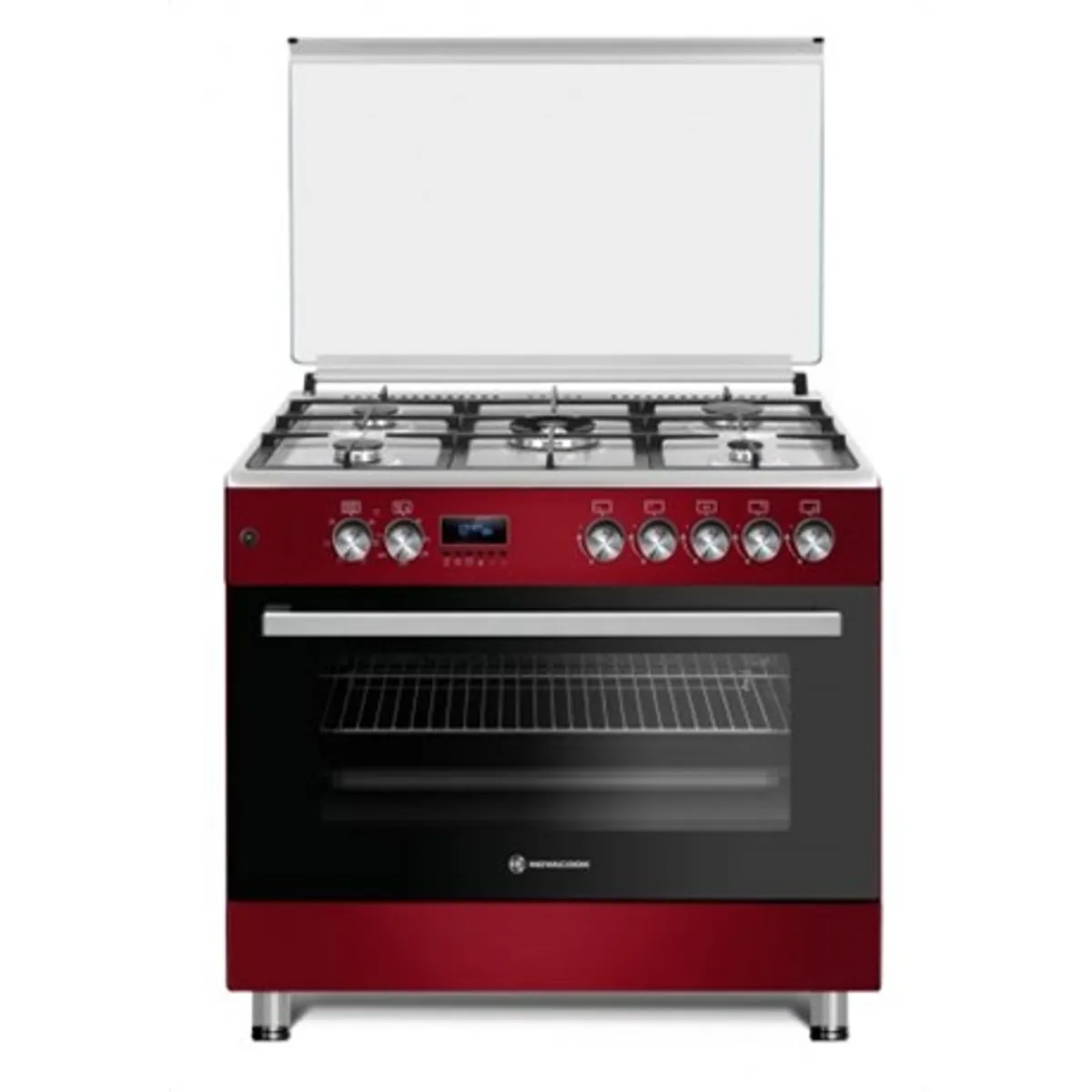 Novacook F9S50E6 RD Tűzhely kombinált 90 cm szabadonálló 4 gázrózsa és 1 wok égőfej légkeveréses sütő 110 L meggypiros #1