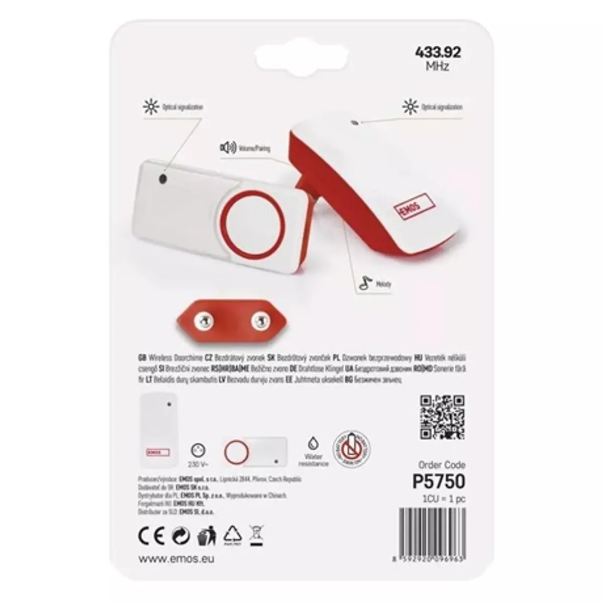 Emos P5750 Vezeték nélküli csengő 230V AC, 433 MHz, 110 dB, 10 dallam, IP44, automatikus párosítás, piros #7