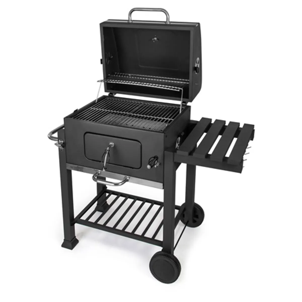 Fieldmann FZG 1008 grill kerti faszenes tűztér 61x45,5 cm sütőrács 27,8x41,5 cm melegentartó rács 53,5x24 cm sütési magasság 78 cm krómozott grillrácsok beépített hőmérő #2