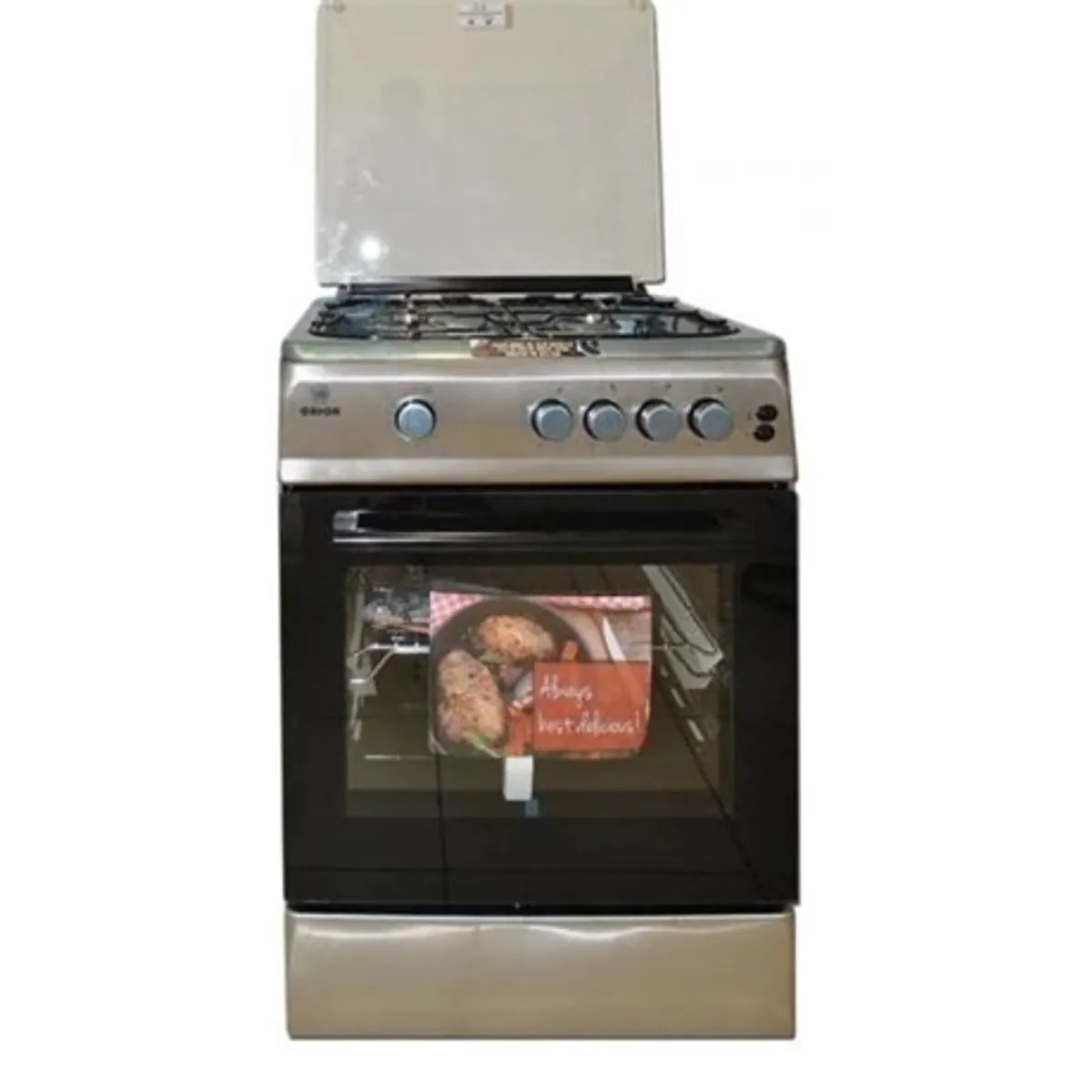 Orion FGO600I inox 4 égős szabadonálló gáztűzhely dupla üvegezésű sütőajtó forgónyárs grill #1