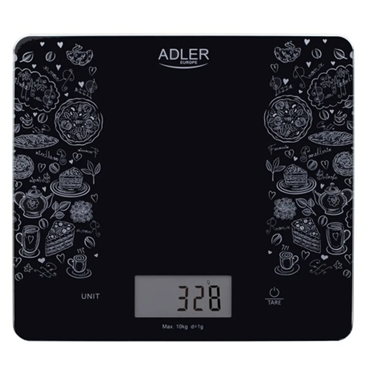Adler AD3171 konyhai mérleg 10 kg 1 g LCD kijelző 20x18 cm edzett üveg felület tara funkció automatikus kikapcsolás 3V elem #2