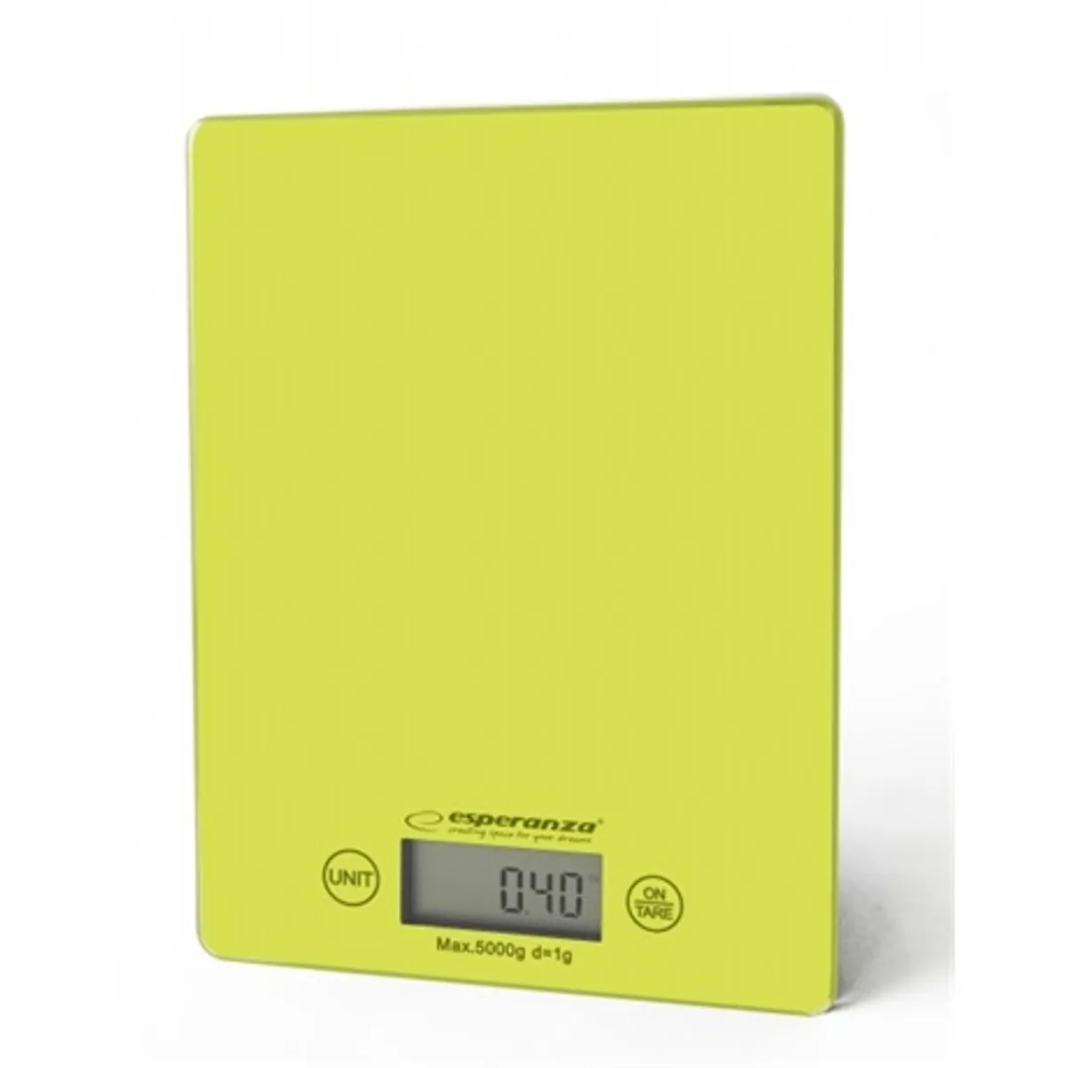 Esperanza EKS002G konyhai mérleg 5000 g 1 g tára funkció négy mértékegység g lb oz kg túlterhelés jelző CR2032 elem #1