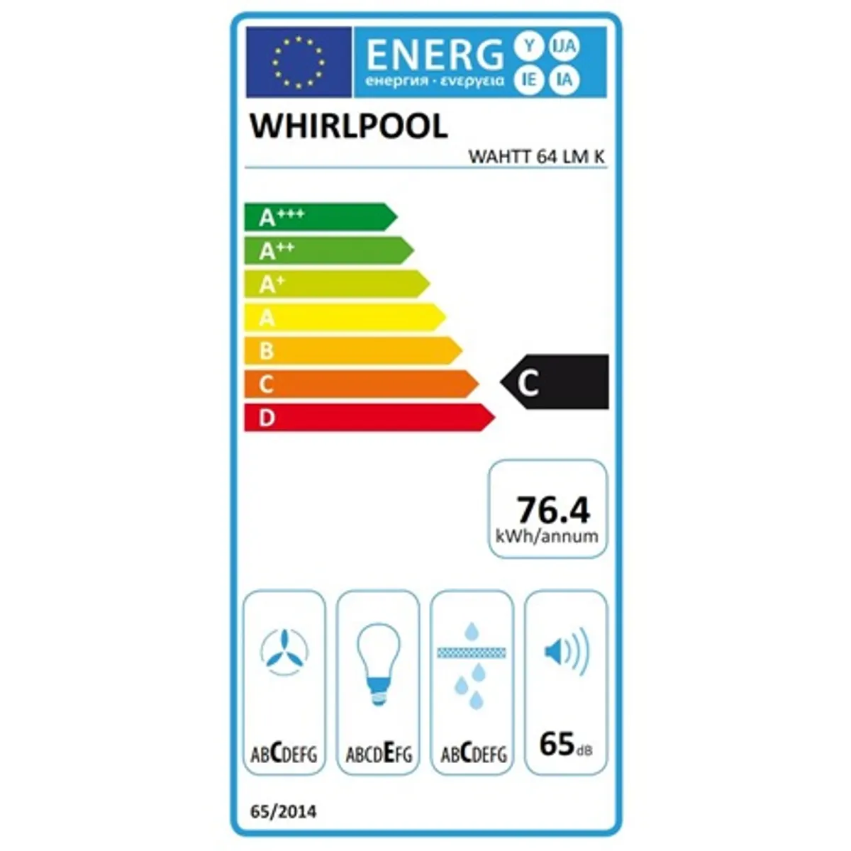 Whirlpool WAHTT 64 LM K Páraelszívó beépíthető 581 m3h 3 fokozat LED világítás 6W 2 izzók mechanikus kezelő mosható rozsdamentes acél zsírszűrő energiaosztály C #3