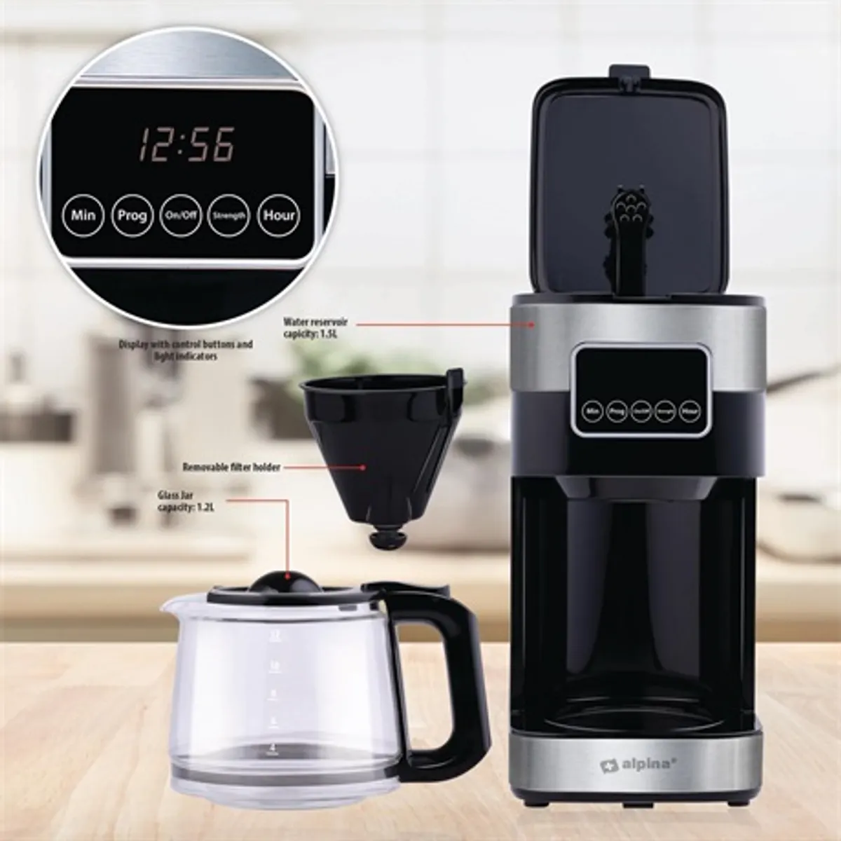 Alpina 47347 Kávéfőző filteres 1,5 l tartály 900 w 230 v 12 csésze digitális érintő kijelző melegentartó automatikus kikapcsolás csúszásmentes talpak 75 cm kábel #9