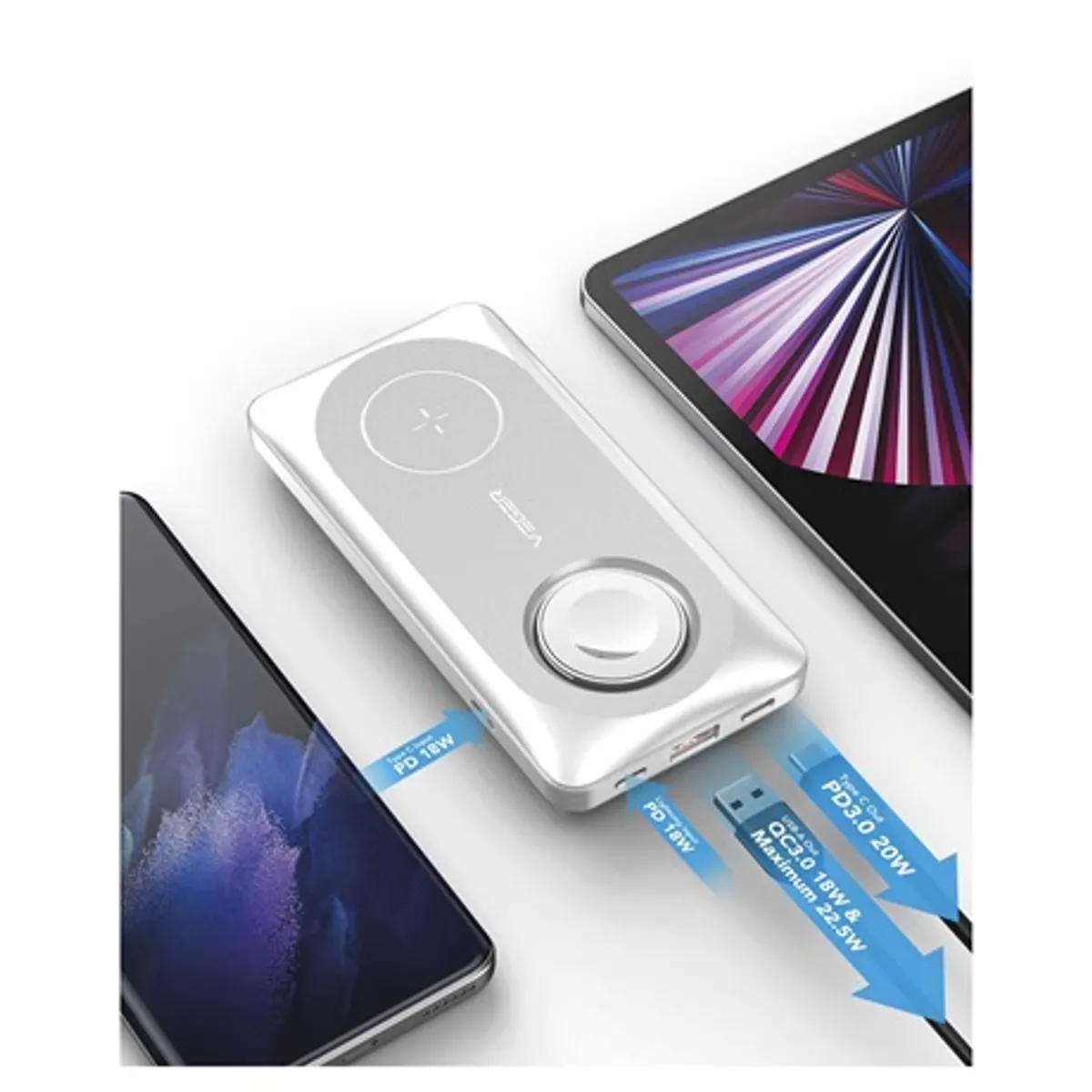 Yenkee YPB 510 POWER BANK 10000 mAh USB-A 22.5W USB-C 7.5W Wireless 15W Apple Watch töltés 3 eszköz egyidejű töltés #3