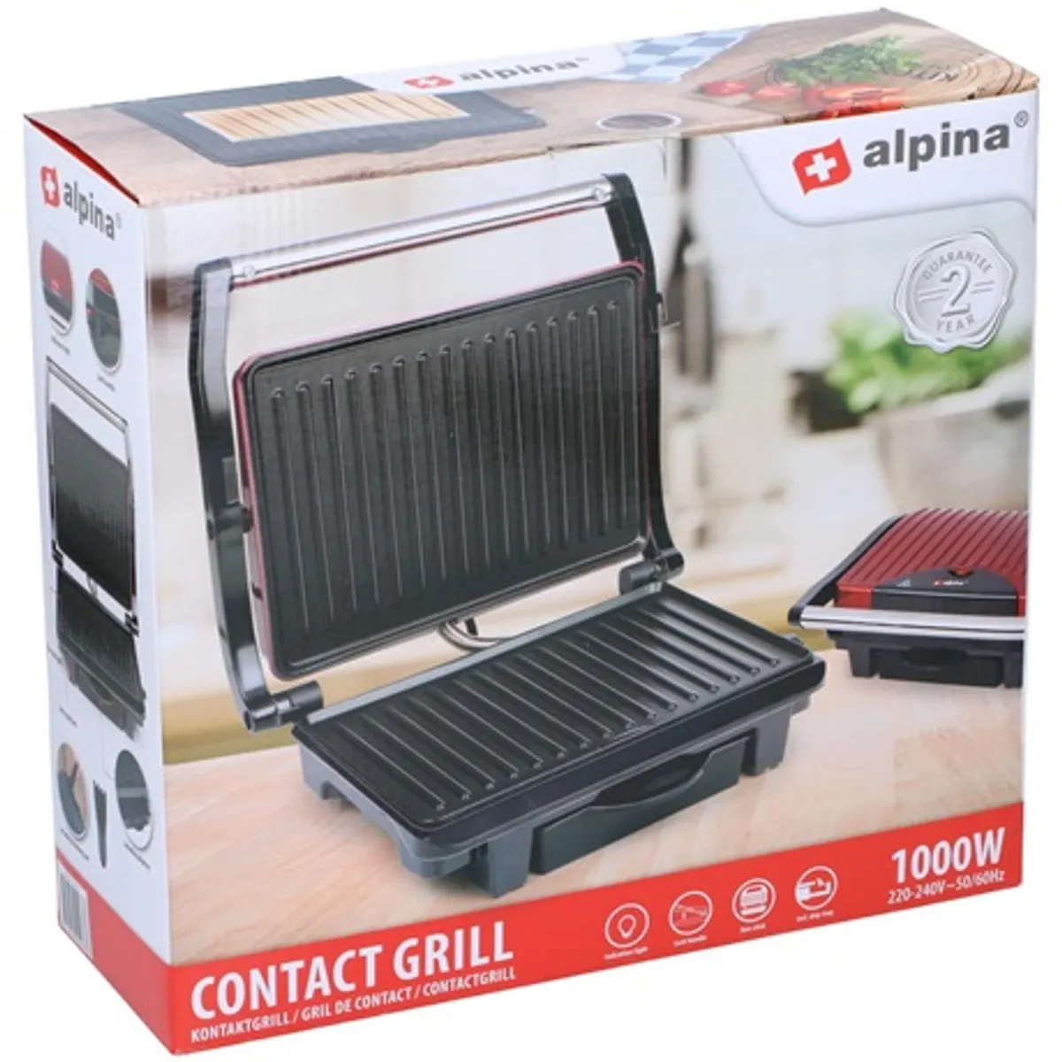 Alpina 25277 kontakt grill vörös 1000W beépített zsírfogó tálca tapadásmentes sütőfelület indikátor fény csúszásmentes talpak #9