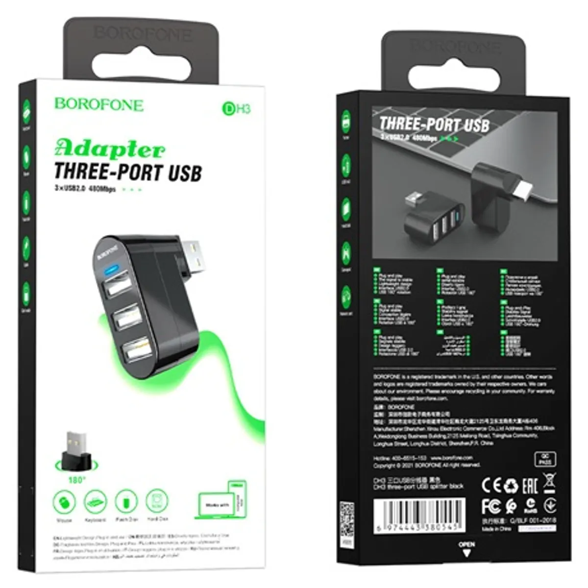 Borofone DH3 USB-A hub 3-portos fekete USB 2.0 Plug-and-Play #6
