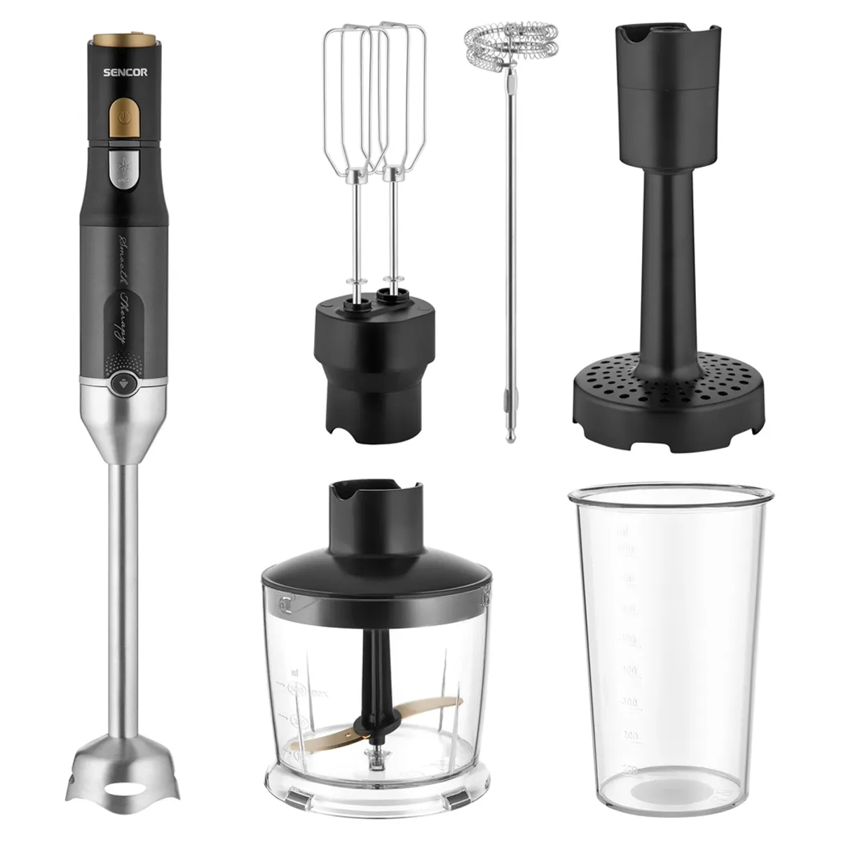 Sencor SHB 6442BK BOTMIXER 6 IN 1 1200 W titánbevonatú négyélű pengék 800 ml keverőedény 500 ml aprítóedény tejhabosító fej #2