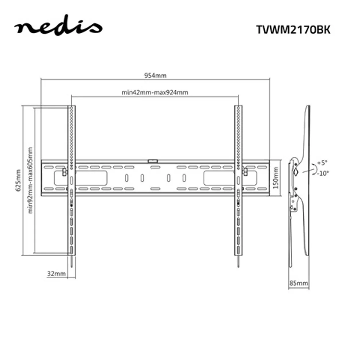 Nedis TVWM2170BK fali TV-tartókonzol 60-100" VESA 200x200-900x600 teherbírás 75 kg dönthető 15° #4