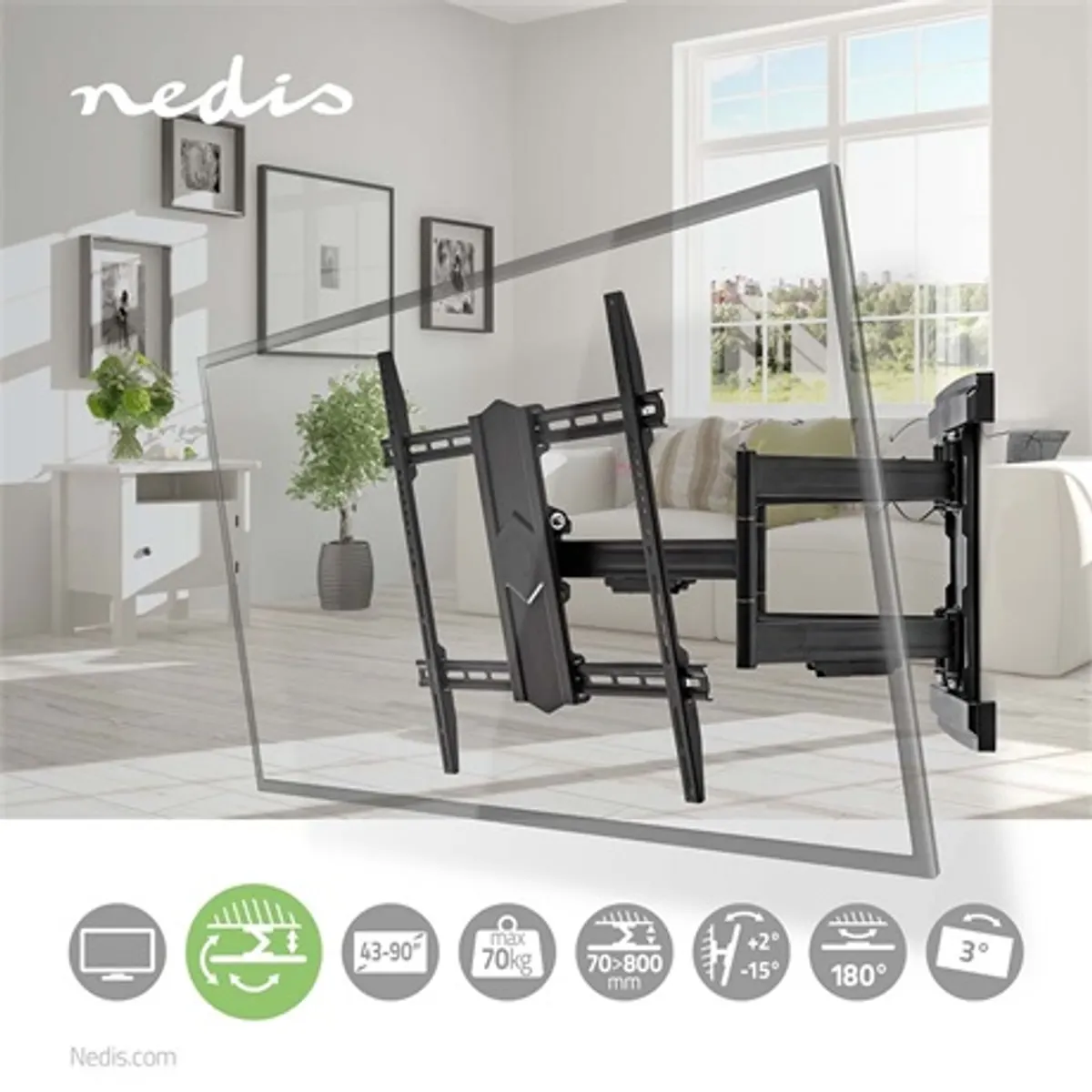 Nedis TVWM6570BK szabadon mozgatható fali TV-tartókonzol 43-90" 70 kg forgatható dönthető 3 forgáspont 70-800 mm VESA 400x400 #5