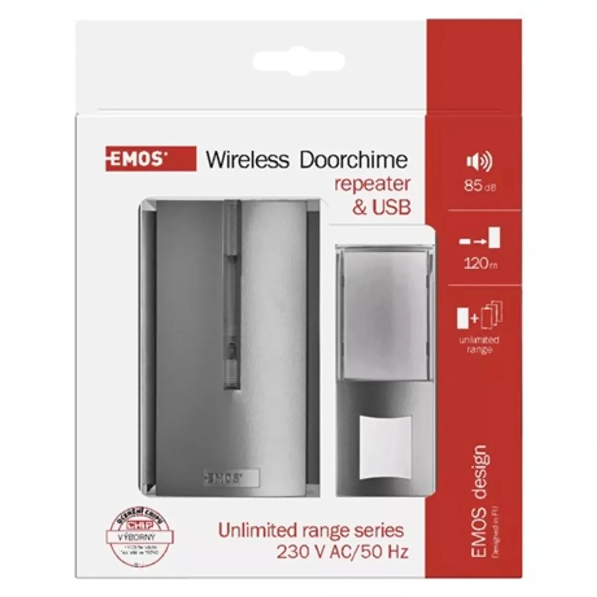 Emos P5760 vezeték nélküli csengő 120 m hatótávolság 16 dallam 85 dB 433 MHz USB-port 2 A self-learning párosítás IP44 ezüst #2