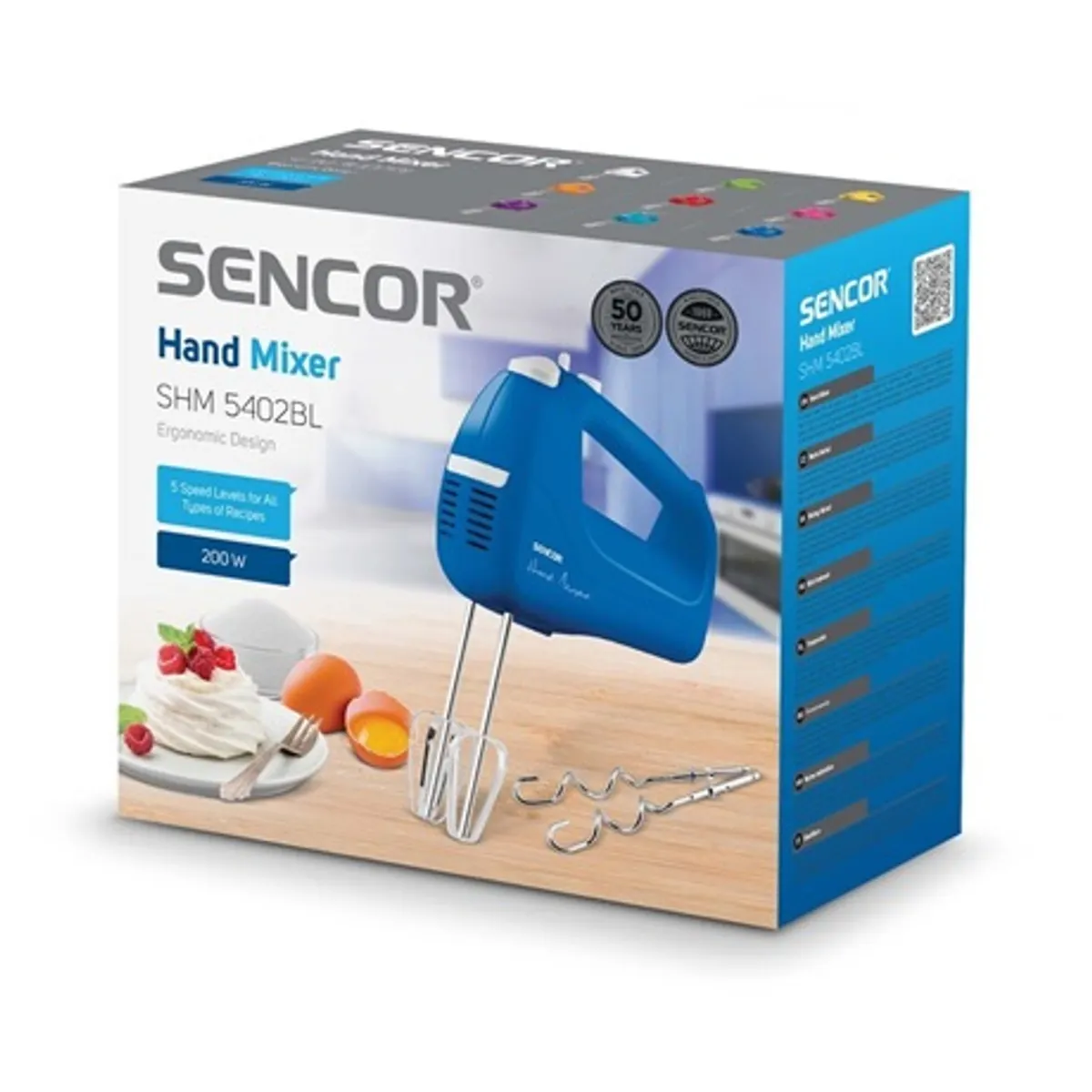 Sencor SHM 5402BL KÉZI MIXER 200 W 5 fokozat Turbo rozsdamentes acél habverő és dagasztószárak fehér-kék #8