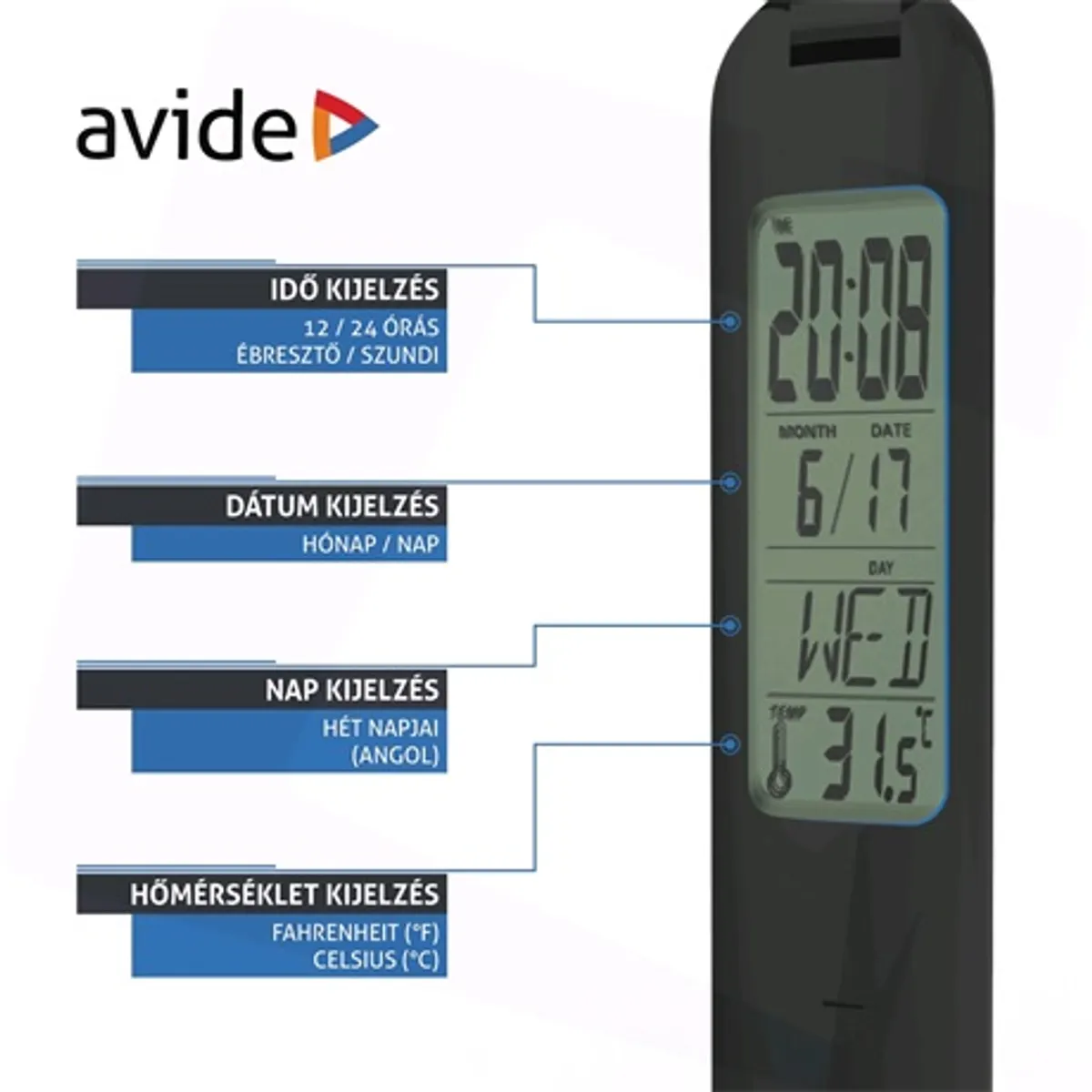 Avide ABLDL-CALENDAR-5W fekete led asztali lámpa naptárral óra ébresztő hőmérséklet kijelzés akkumulátor #7