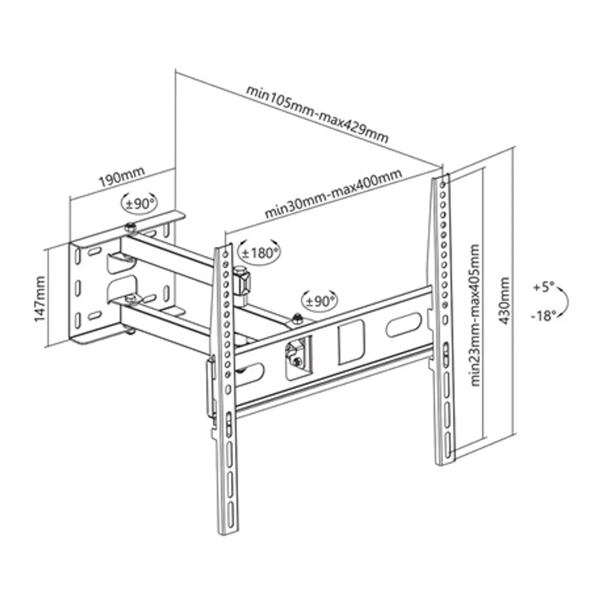 Stell SHO 4600 fali konzol kihúzható 32-55" teherbírás 35 kg dőlés 18 fok elfordítás 90 fok VESA 75x75-400x400 falhoz távolság 10,5-42,9 cm fekete #9
