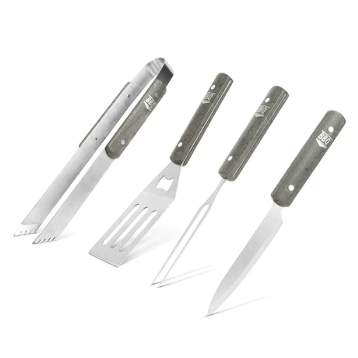 BBQ 56304C Grill eszköz készlet 4db csipesz húsvilla lapát kés beépített sörbontó hordtáska rozsdamentes acél fej fa nyél #1