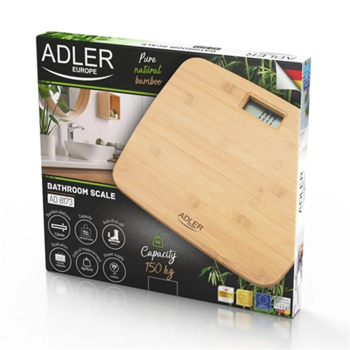 Adler AD8173 bambusz borítású mérleg 150 kg, 100 g, kg, lb, st, LCD kijelző, érintésre bekapcsolás, automatikus kikapcsolás, CR2032 #3