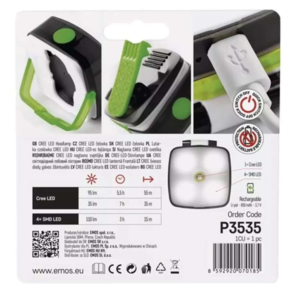 Emos P3535 fejlámpa CREE LED + 4x SMD, 110 lm, Li-pol 850 mAh, micro USB töltés, 2 h töltési idő, 46x50x30 mm #5