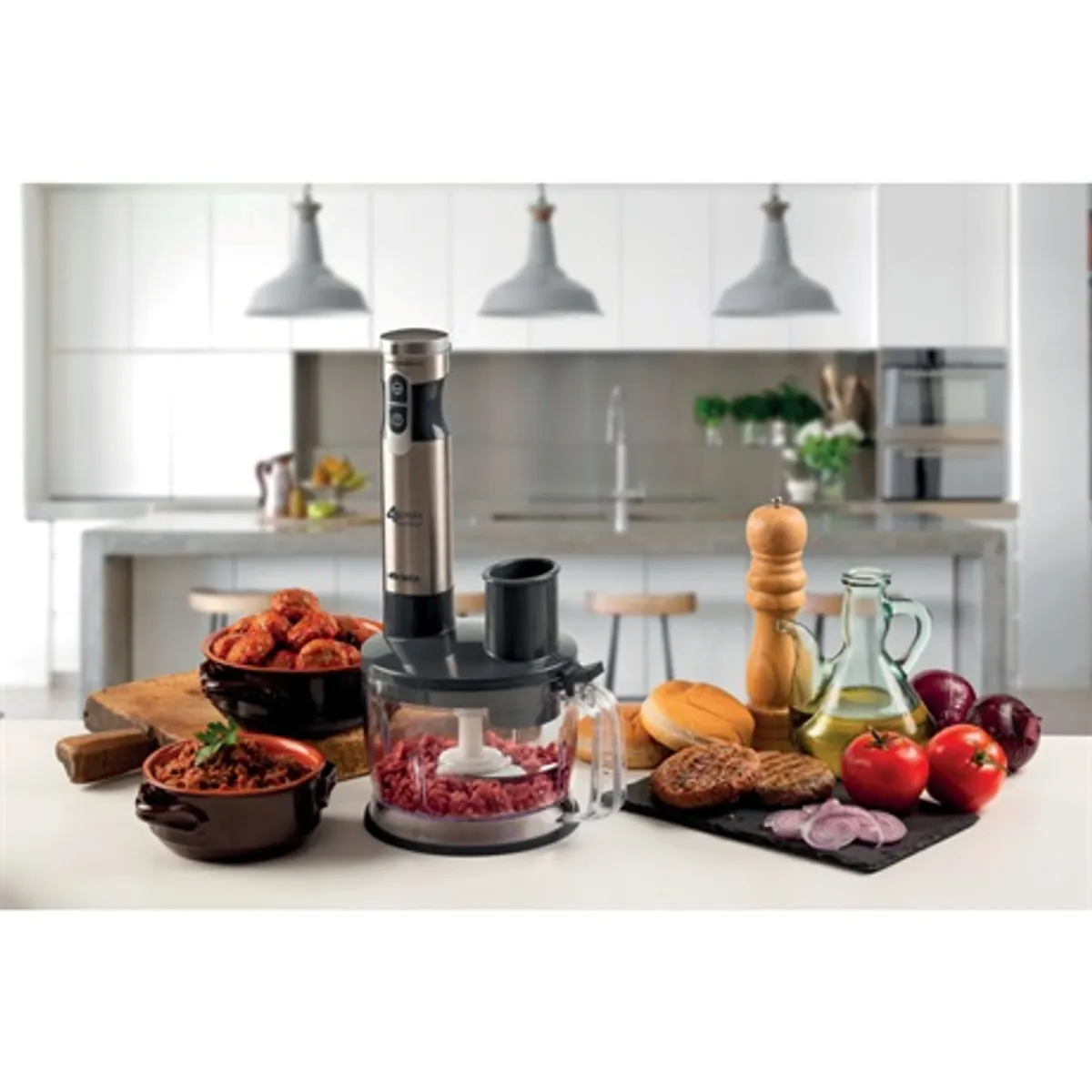 Ariete 898.1 7 az 1-ben botmixer szett 1000 W 10 fokozat Turbo 4 késes acél pengék habverő 500 ml aprító 700 ml mérőpohár 2 literes munkatál burgonyapürésítő korongok #3