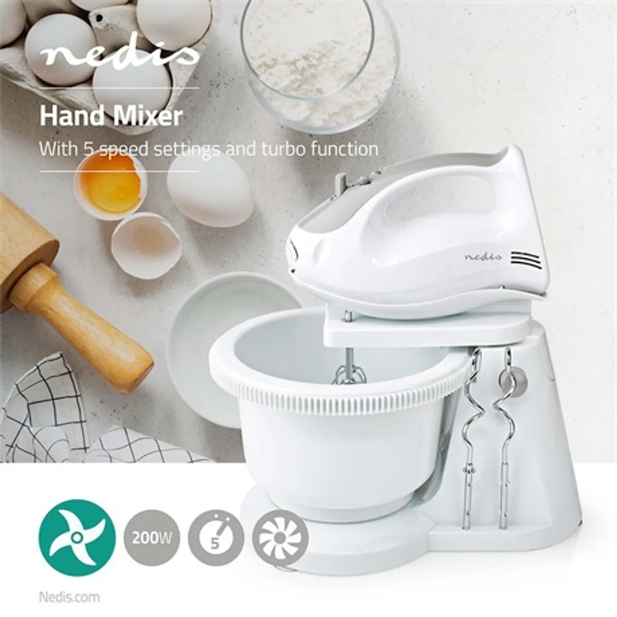 Nedis KAHM110CWT tálas mixer fehér-szürke 200 W 5 sebesség turbó 2 literes keverőtál #3